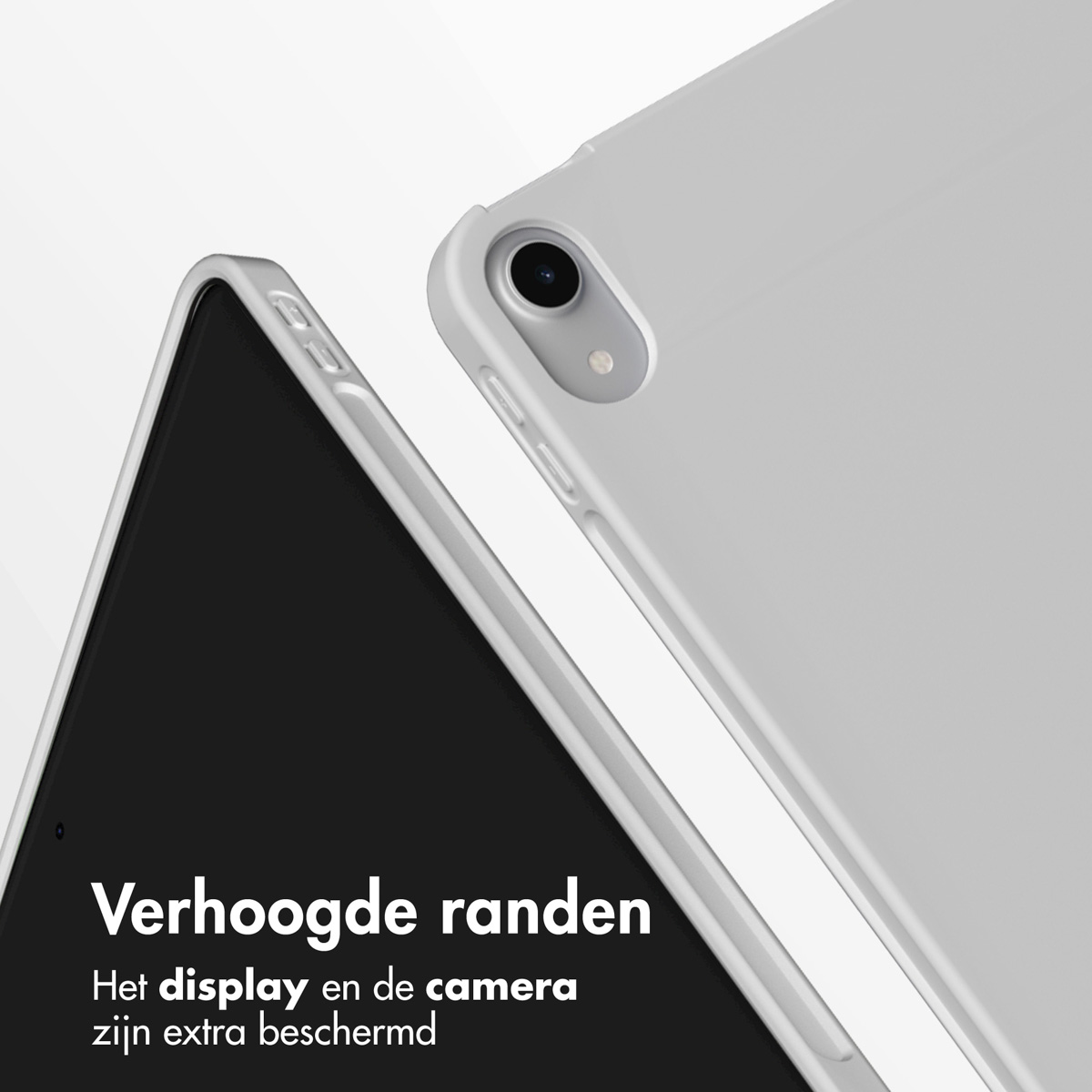 Close-up van een lichtgrijze tabletcase met verhoogde randen. Het tabletscherm is zwart.