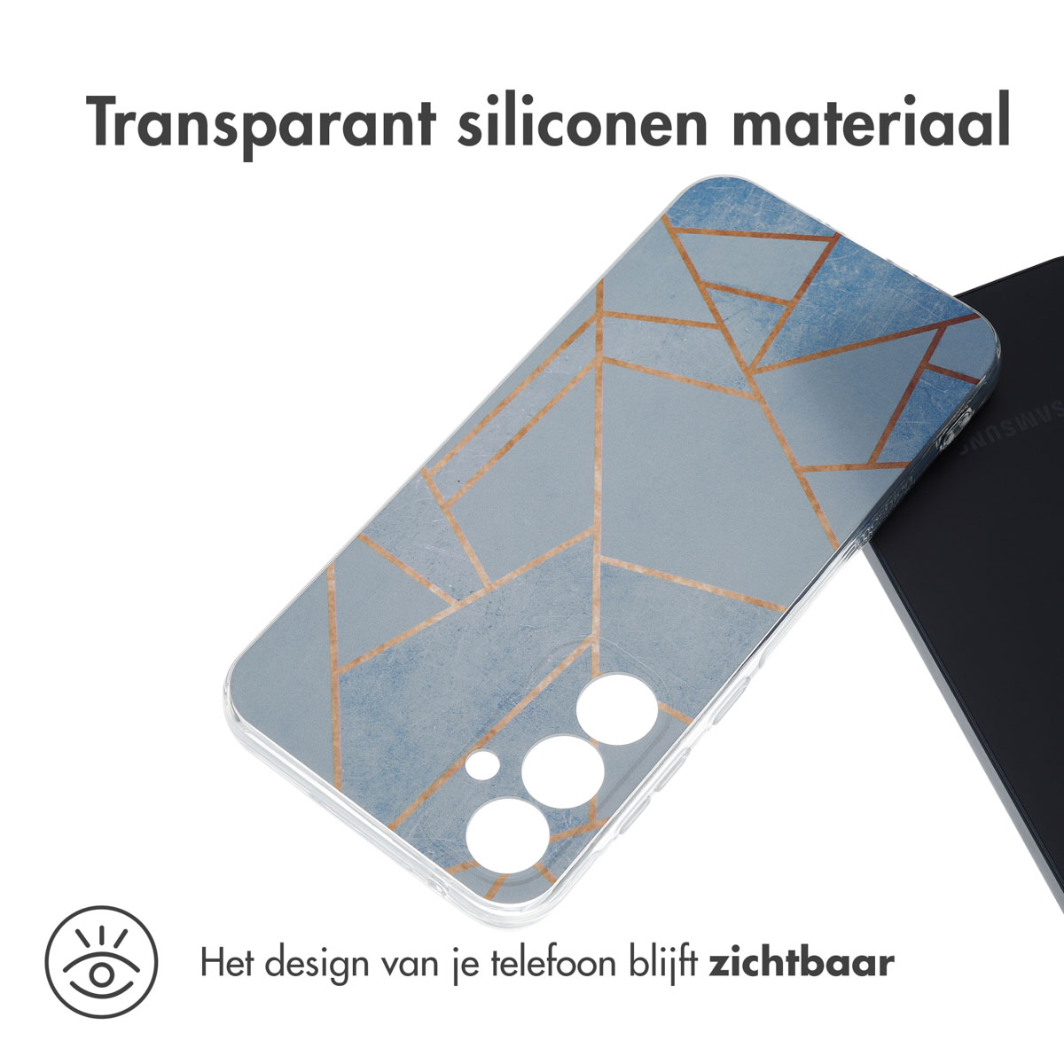Transparante telefoonhoes met blauw en goud geometrisch patroon.
