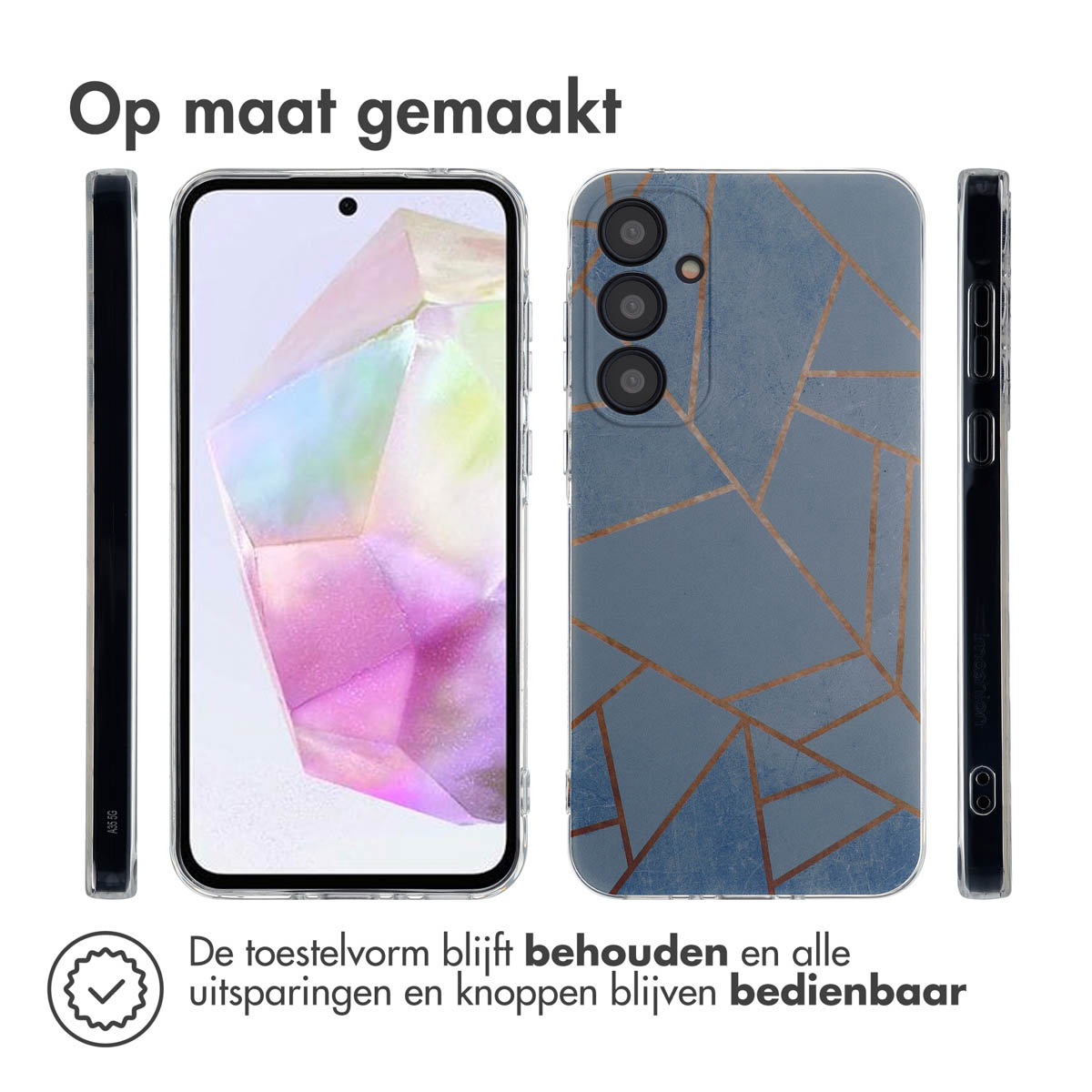 Telefooncase in drie aanzichten. Tekst: Behoudt vorm. Uitsparingen en knoppen bruikbaar.