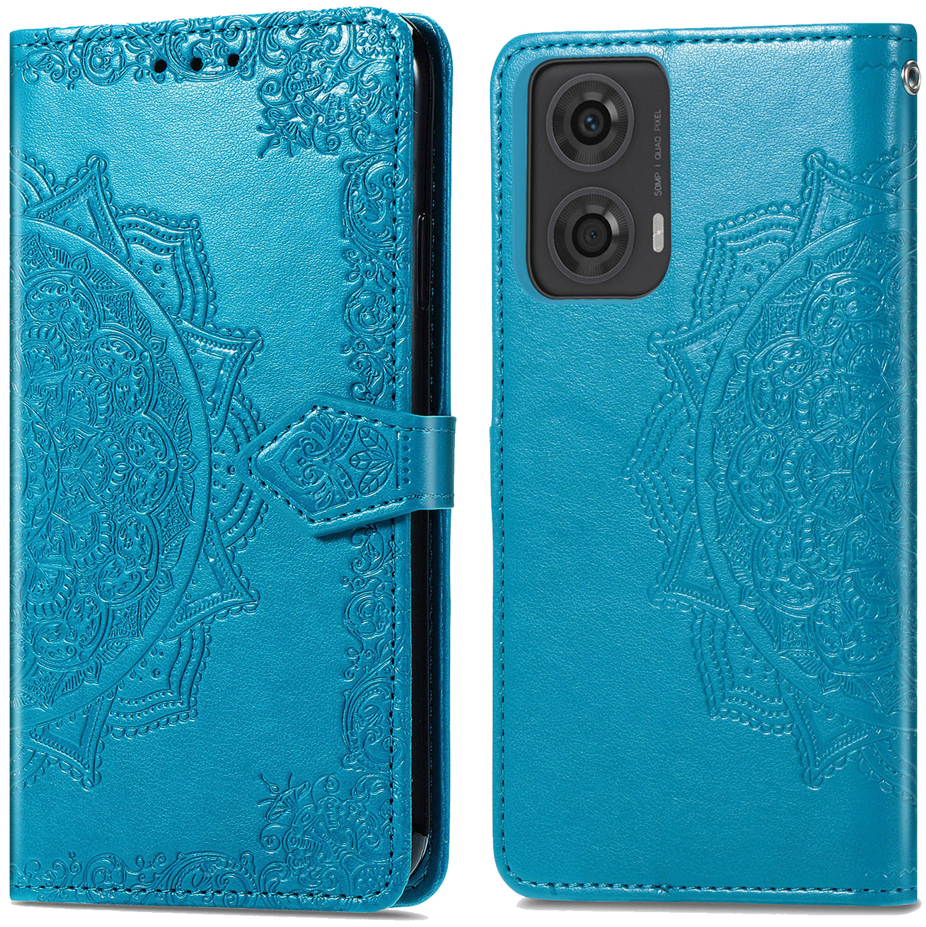 Blauw telefoonhoesje open, toont een telefoon. Het heeft een mandala patroon. De achtergrond is wit.