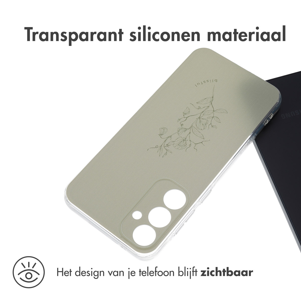 Een telefoonhoesje met een bloemenpatroon. De hoes is transparant.