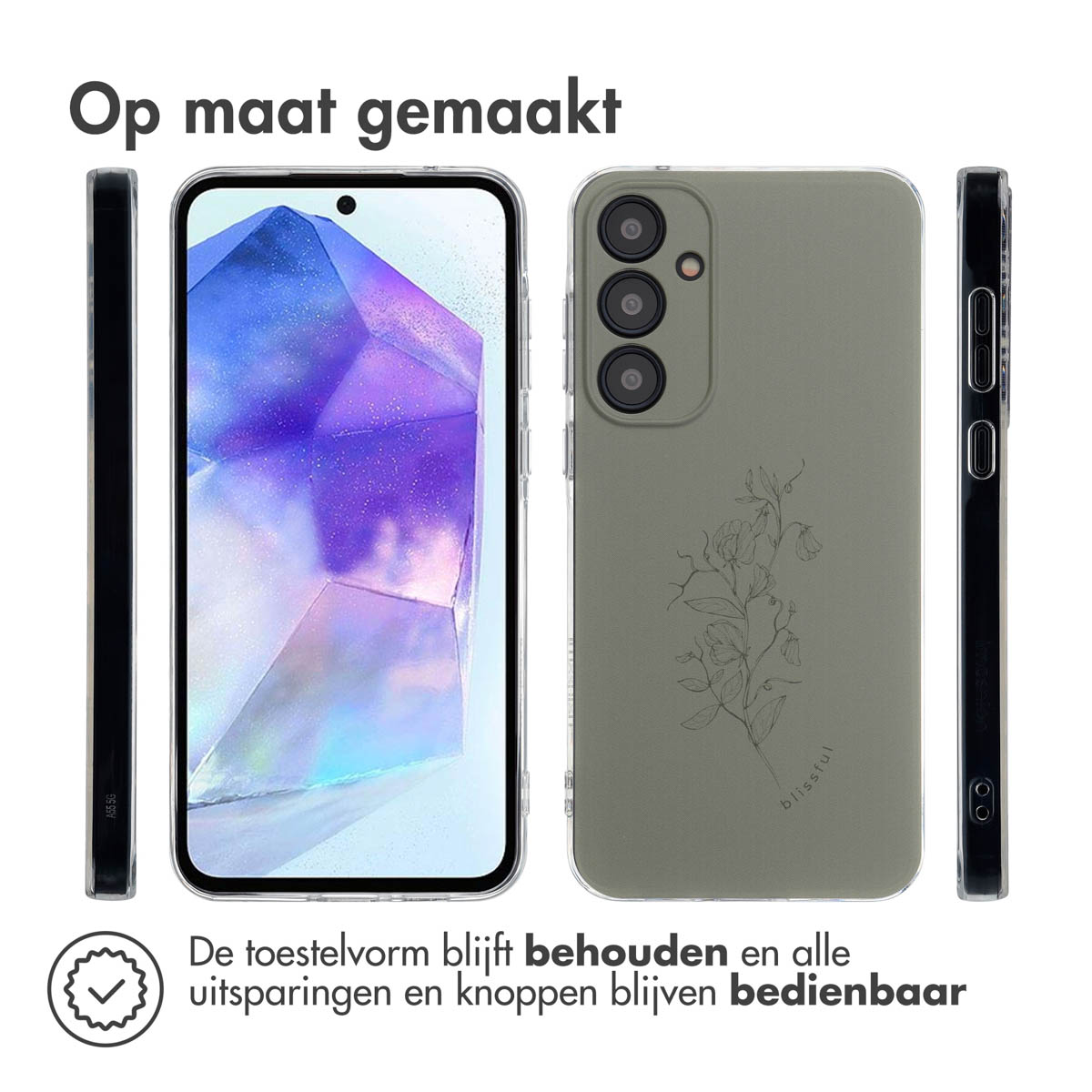 Een telefoonhoesje met een bloemenontwerp met de telefoon in beeld.