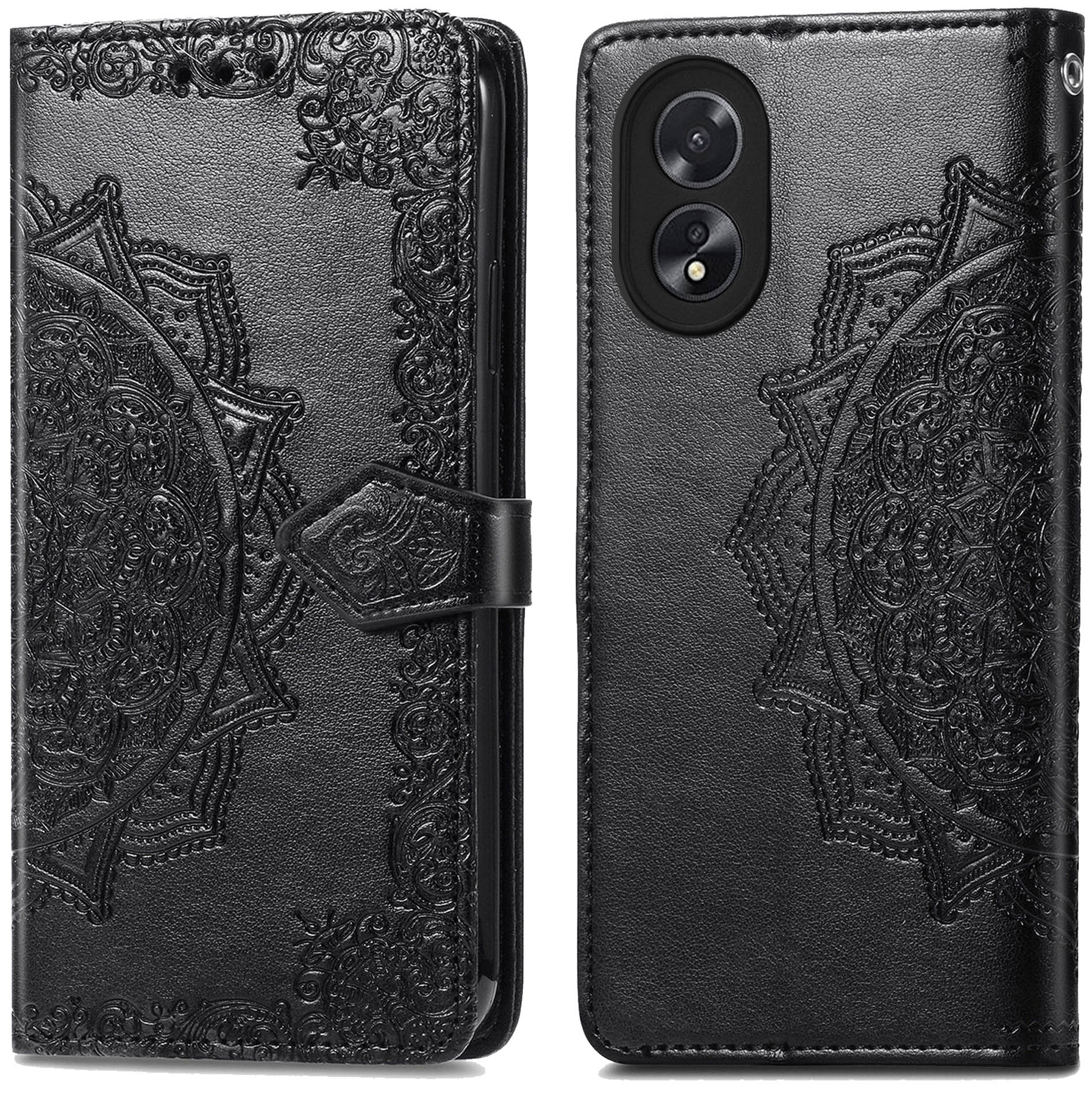Zwarte leren telefoonhoes, met een reliëf bloemenpatroon en een sluiting.