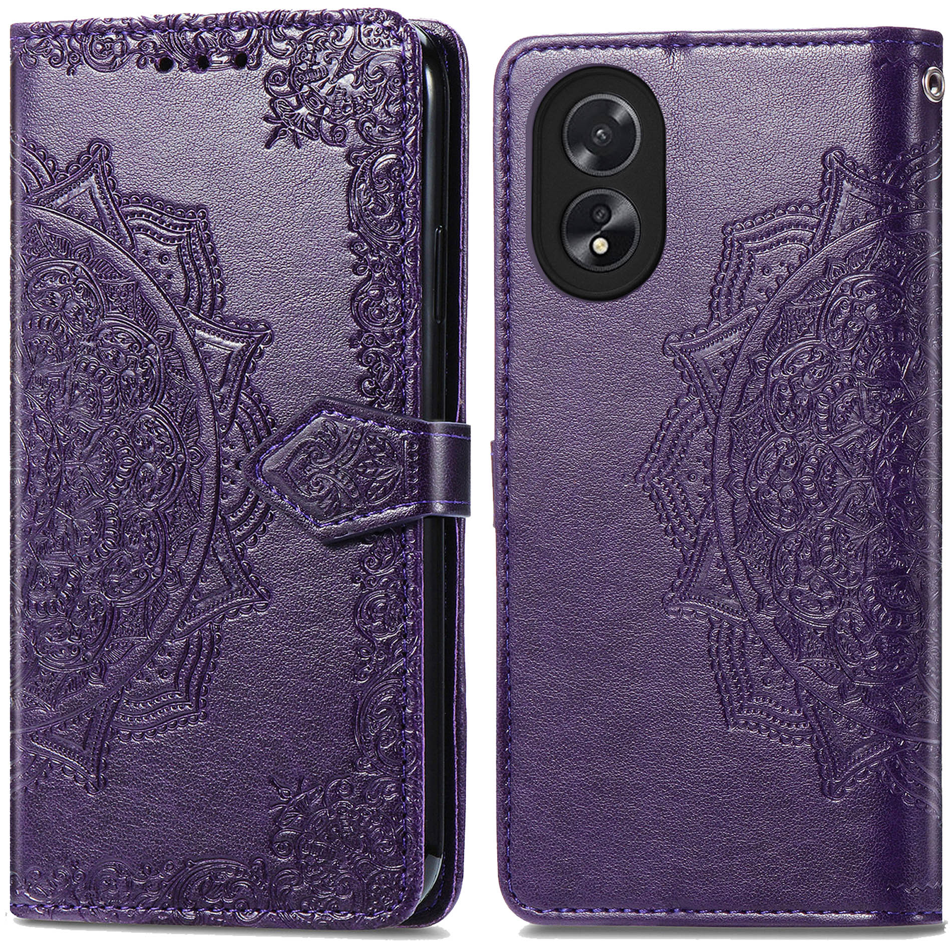 Coque de téléphone violette, fermée et ouverte. Le couvercle est à motifs, un téléphone est visible.