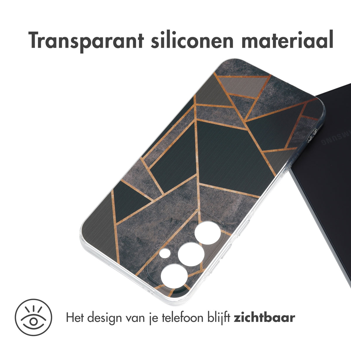 Telefoonhoesje met een geometrisch design. Zwart, grijs en goud. Telefoon zichtbaar door de hoes.