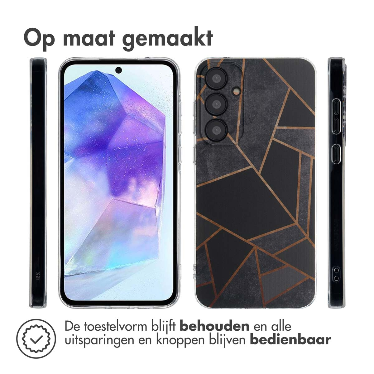 Telefoonhoesjes: Zwarte telefoon met geometrisch goud ontwerp.