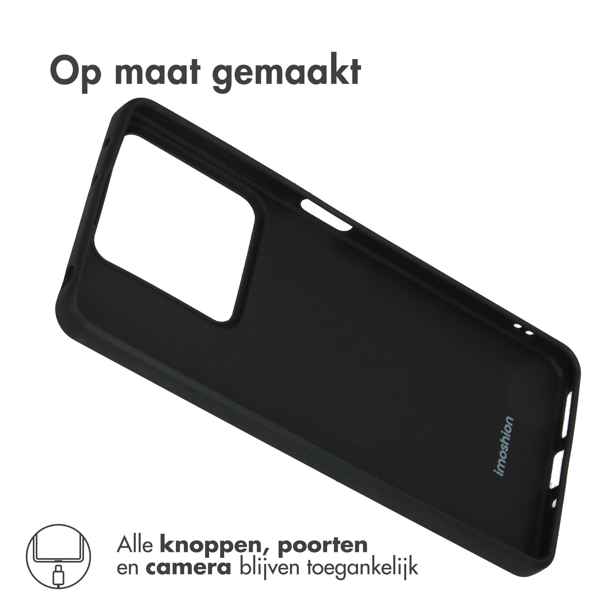 Custodia nera per telefono con ritagli per pulsanti e fotocamera.
