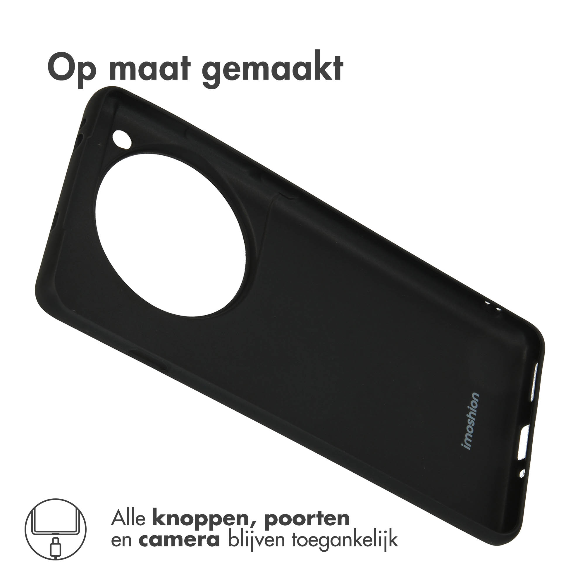 Coque de téléphone noire avec grand découpe caméra et texte.