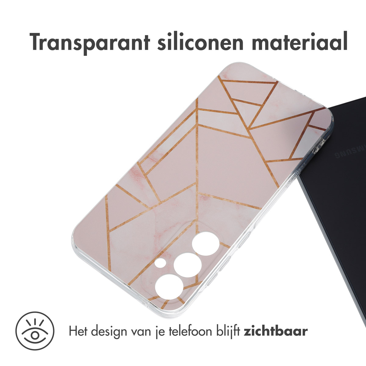 Telefoonhoesje met een geometrisch design. Roze en goud. Telefoon zichtbaar door de hoes.