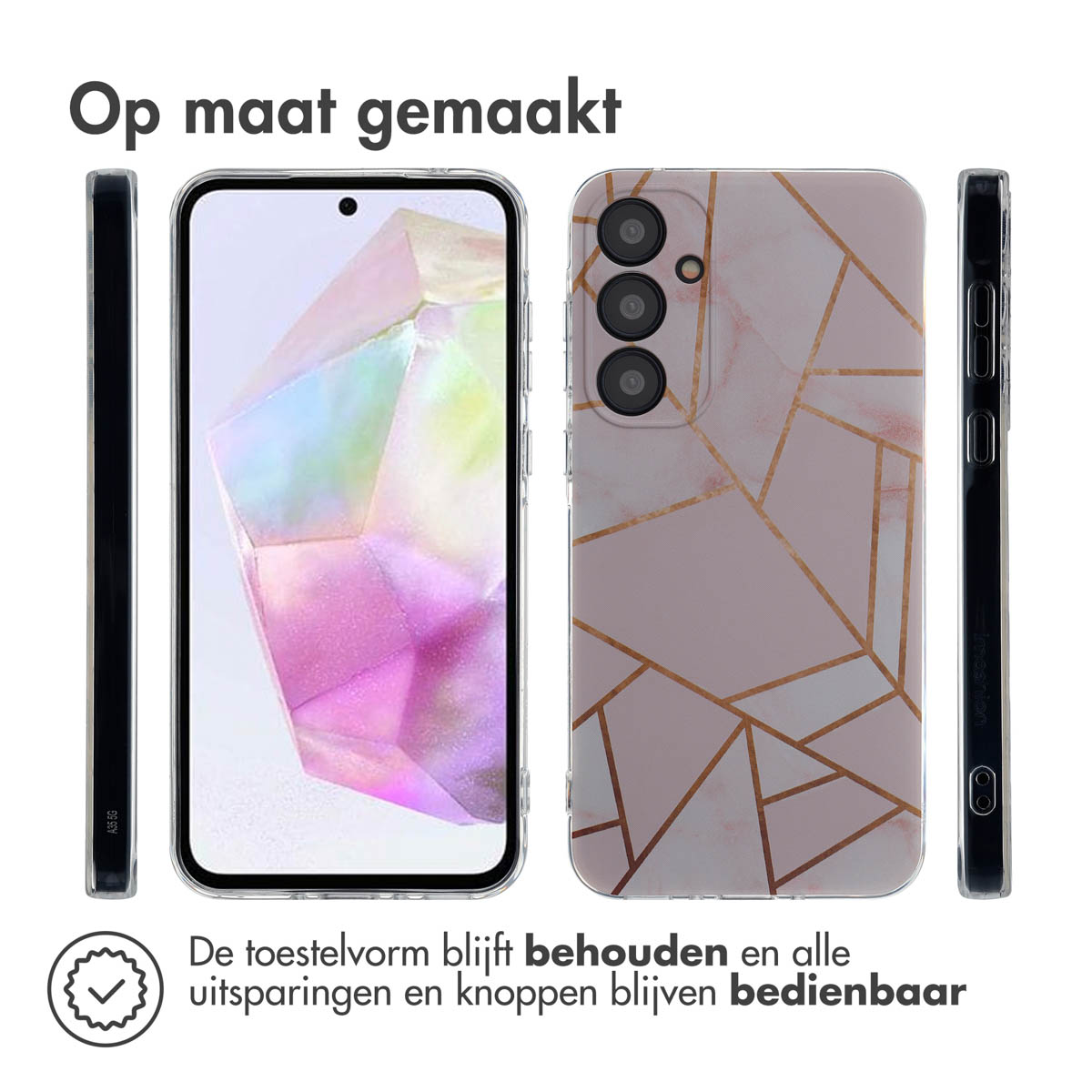 Telefoon in hoes, met een roze en gouden geometrisch ontwerp op de achterkant.