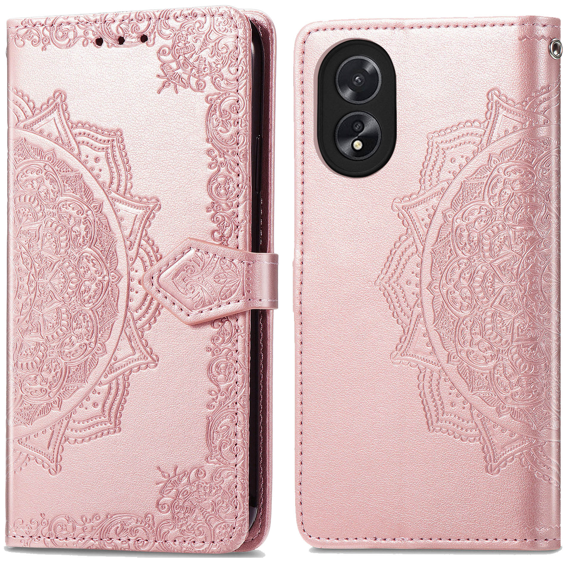 Roze telefoonhoesje open, toont een telefoon. Het heeft een mandala patroon. De achtergrond is wit.
