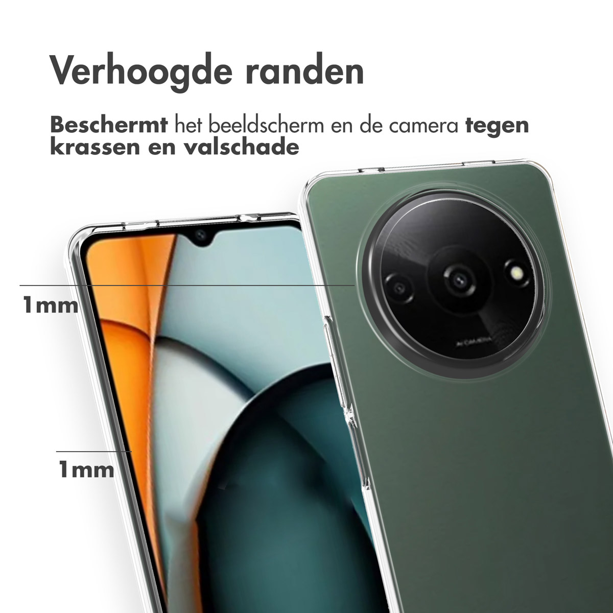 Custodia trasparente per telefono che protegge schermo e fotocamera. Con tinta verde.