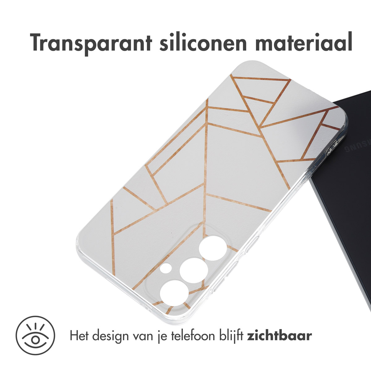 Een telefoonhoesje met een gouden geometrisch patroon. De hoes is transparant.