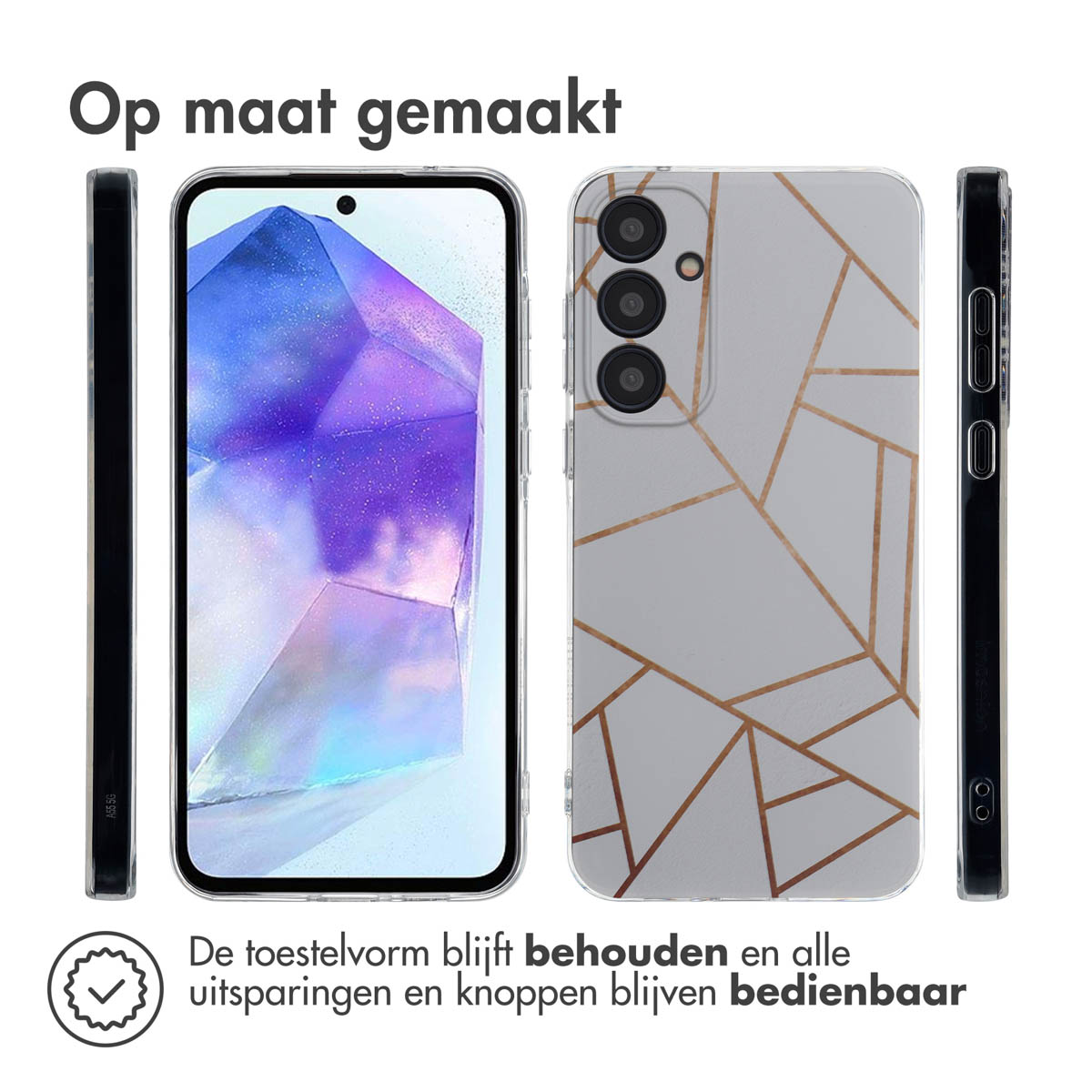 Telefoonhoesjes: Zwarte telefoon met geometrisch goud ontwerp.