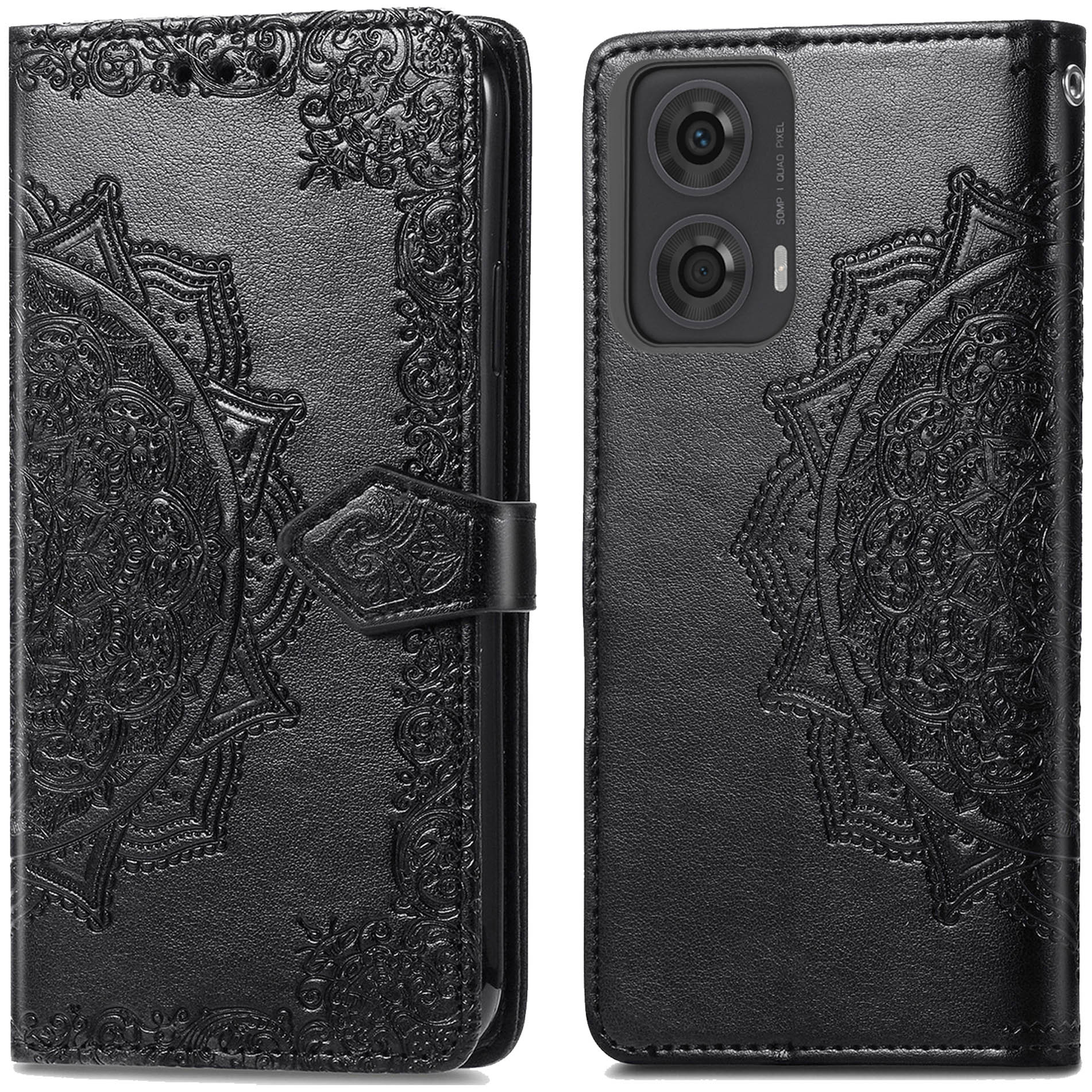 Zwart telefoonhoesje open, toont een telefoon. Het heeft een mandala patroon. De achtergrond is wit.