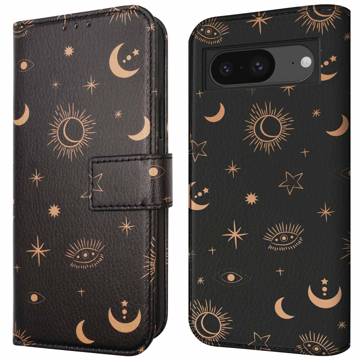 Custodia per telefono con design dorato su sfondo nero. Sono visibili lune, stelle e occhi.