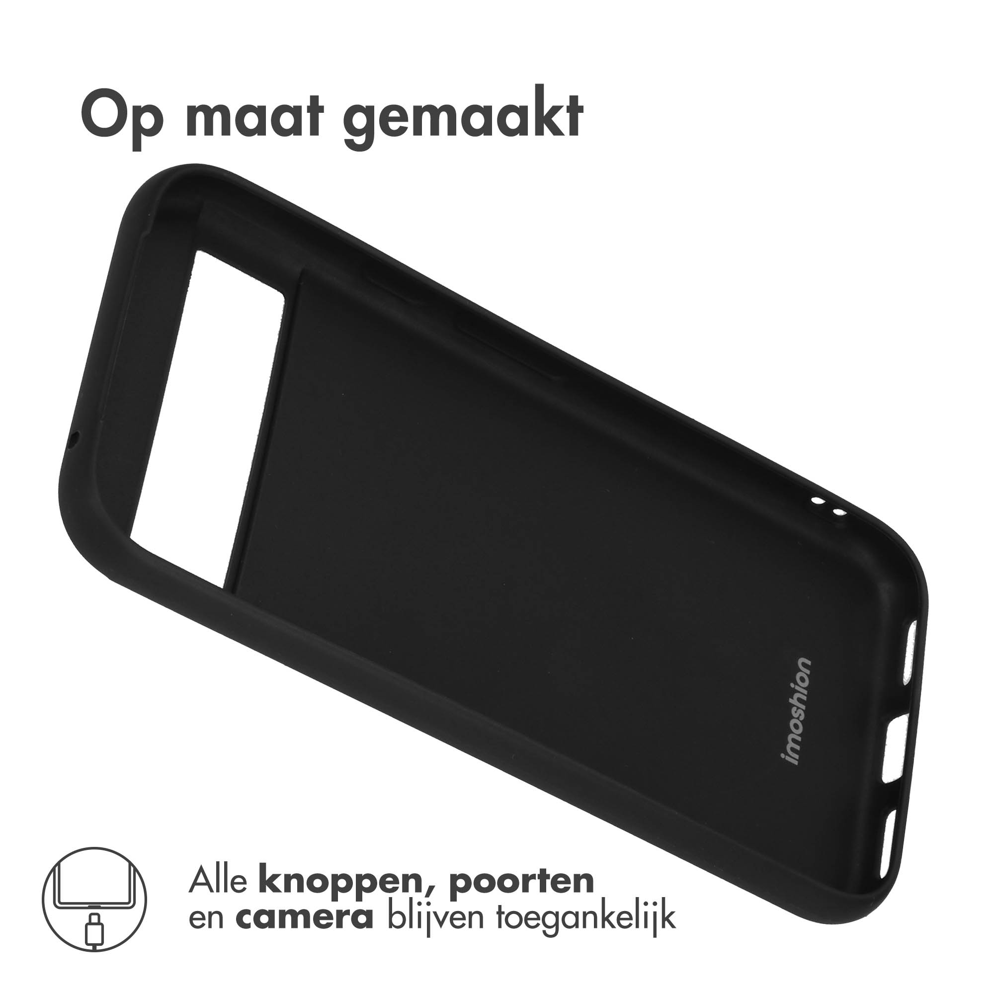 Coque de téléphone noire, en angle, montrant l'intérieur. La coque a des découpes pour boutons et ports.