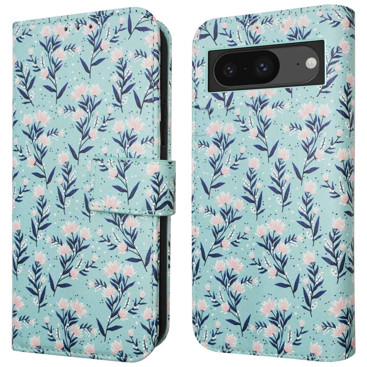 Custodia per telefono con design floreale, sfondo azzurro. Due lati della custodia. Fiori rosa e bianchi.