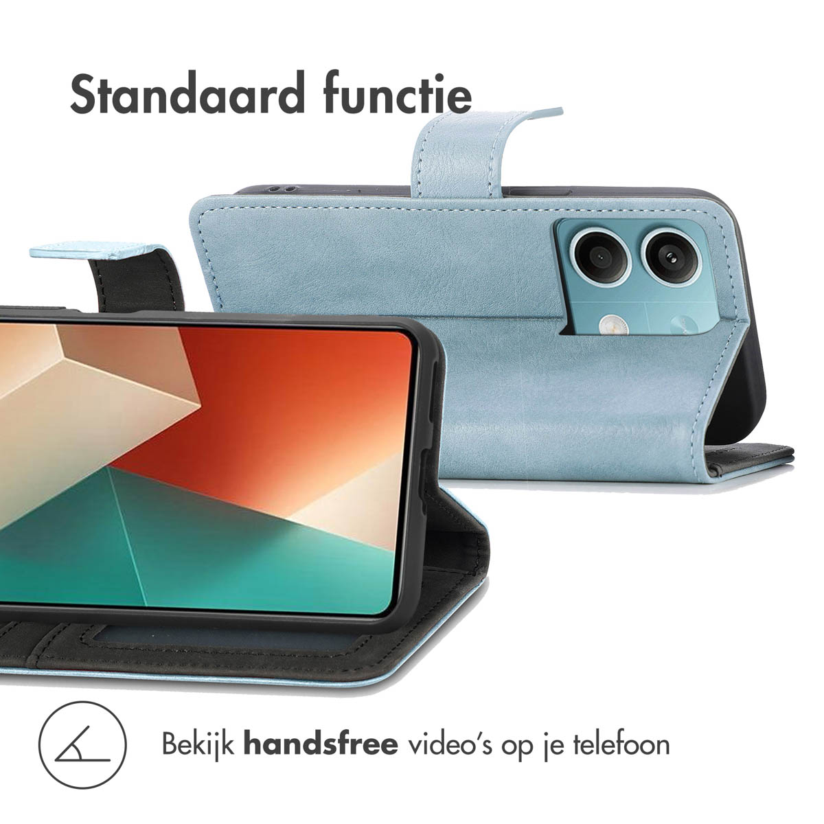 Tablet in een blauwe hoes. Het telefoonscherm is zichtbaar. Handsfree video op de telefoon.