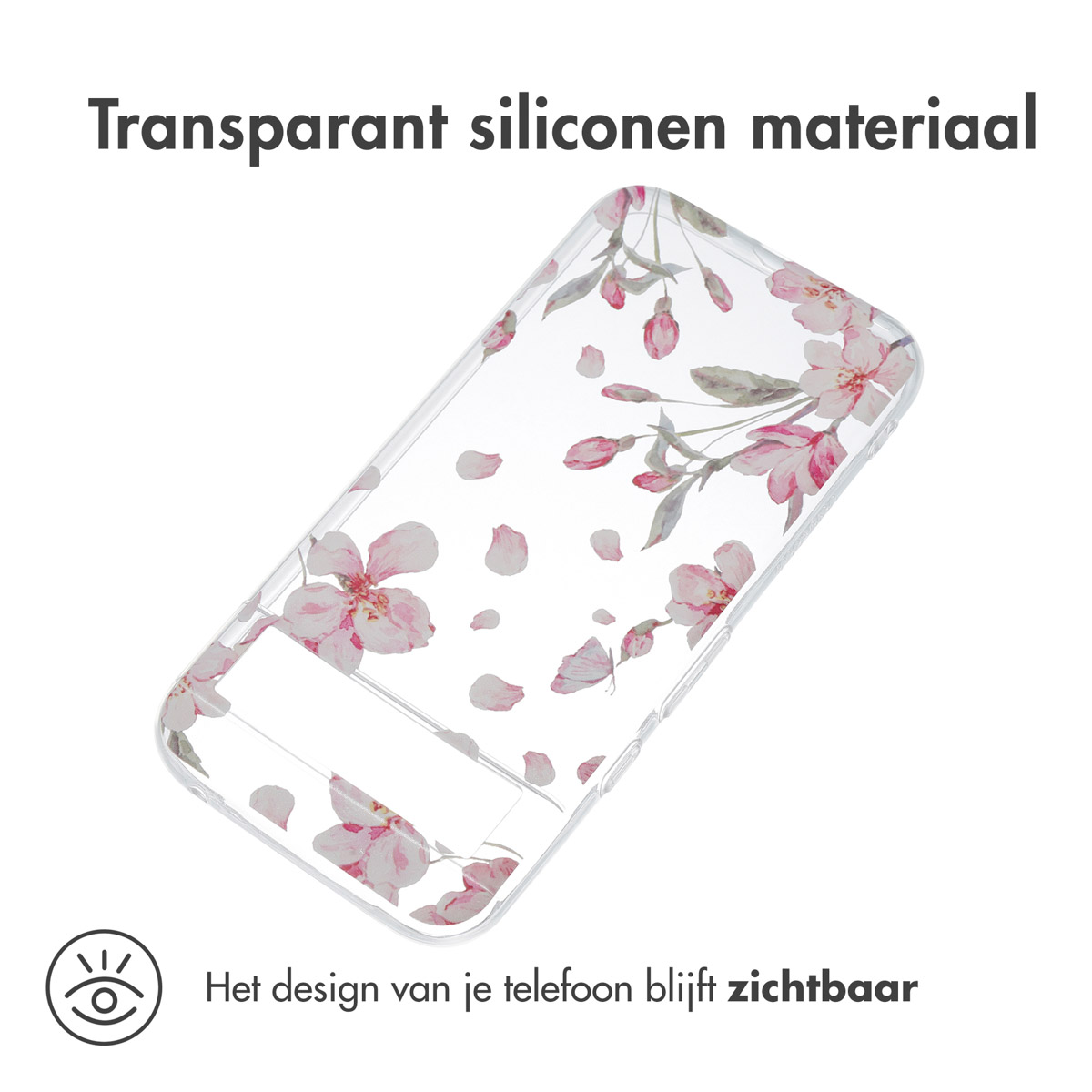 Transparente Handyhülle mit floralem Muster. Die Blumen sind rosa. Das Design ist sichtbar.