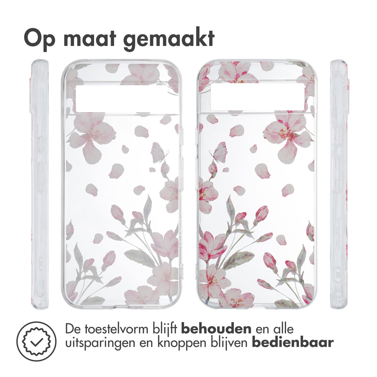Transparente Handyhülle mit floralem Muster. Die Blumen sind rosa. Das Design ist sichtbar.