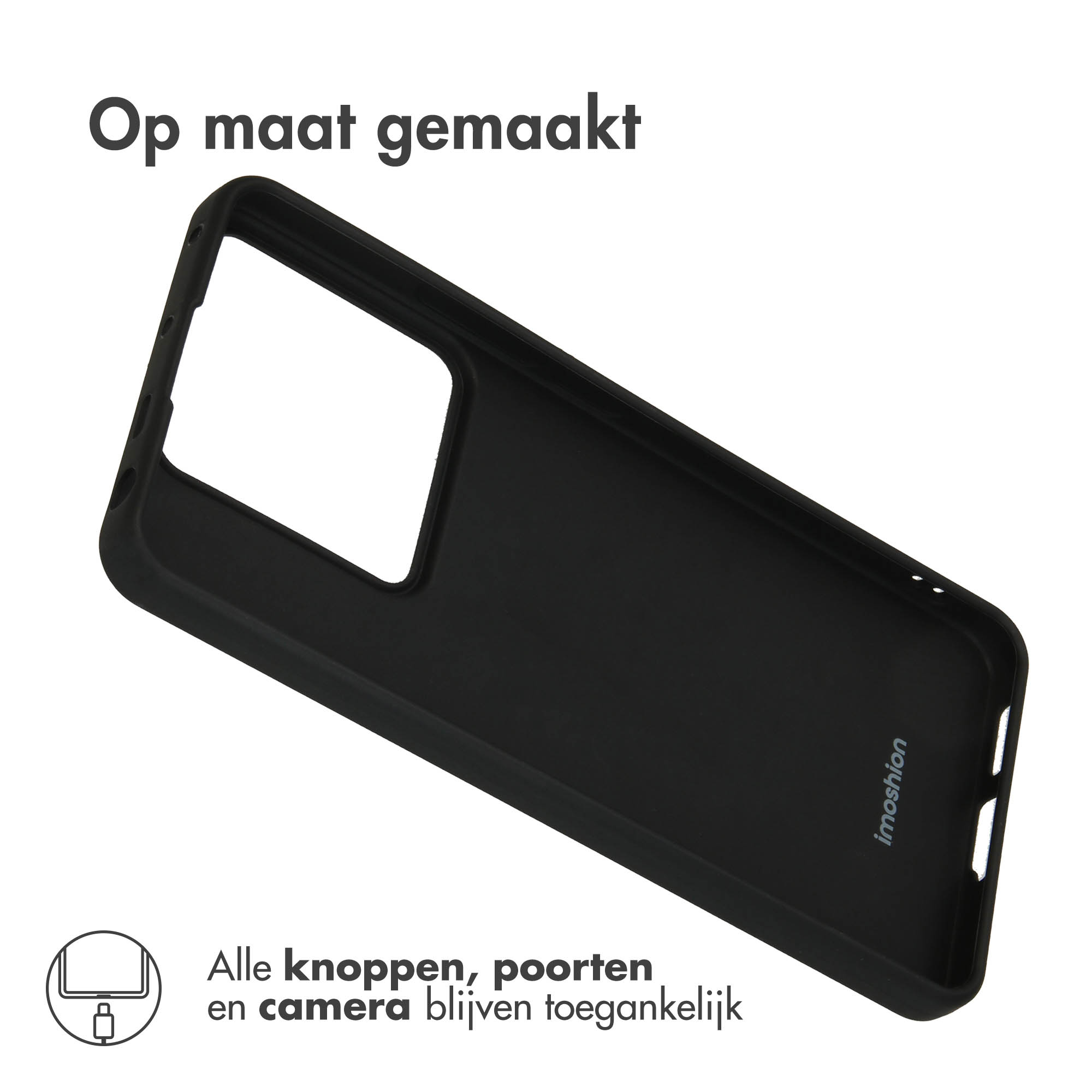Custodia nera per telefono con ritagli per fotocamera e porte.