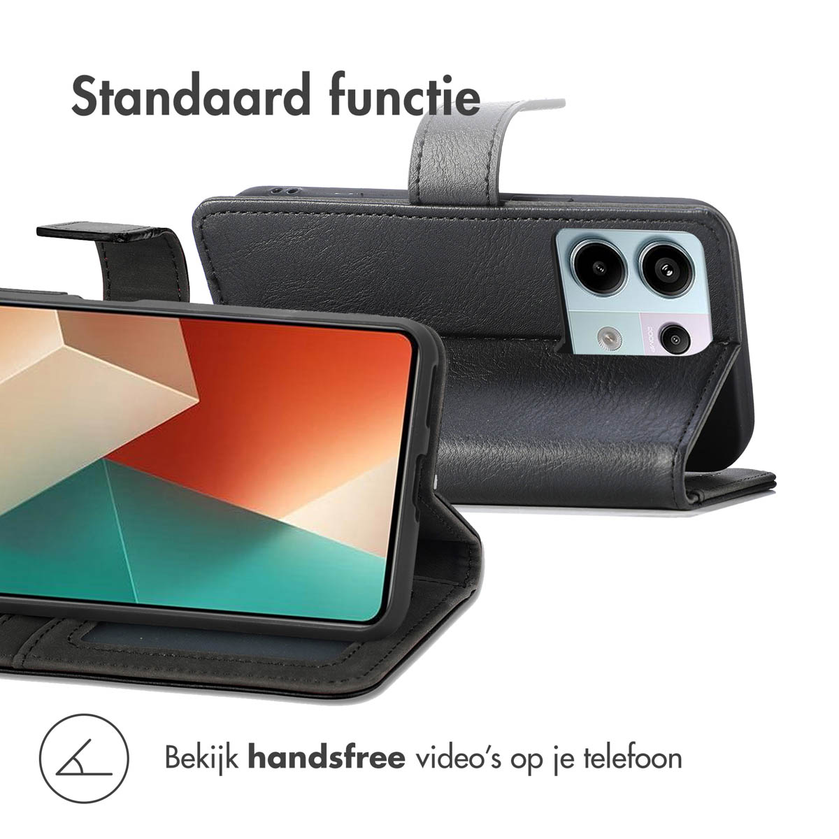 Een zwart leren flipcase voor een staande smartphone.