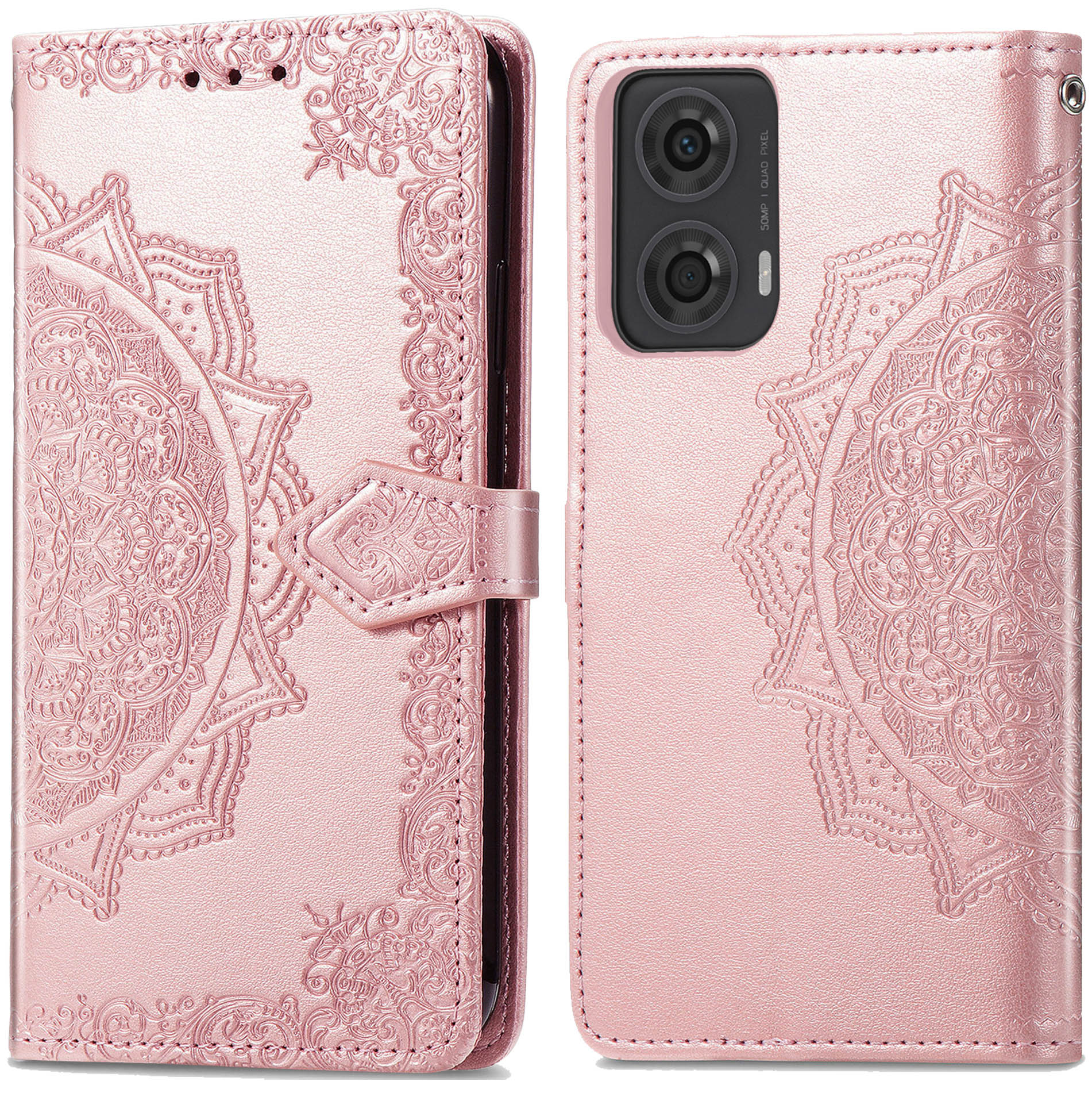 Roze telefoonhoesje met mandala-ontwerp, gesloten. Voor- en achteraanzicht.