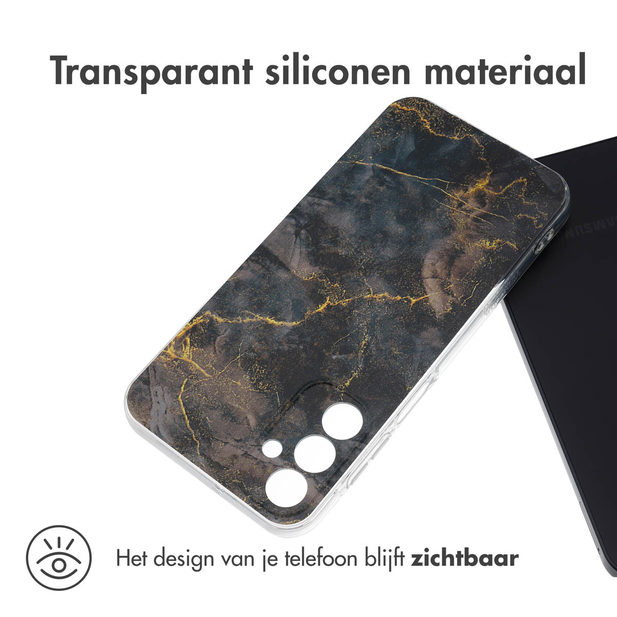 Transparante telefoonhoes met een zwart en goud marmer design.