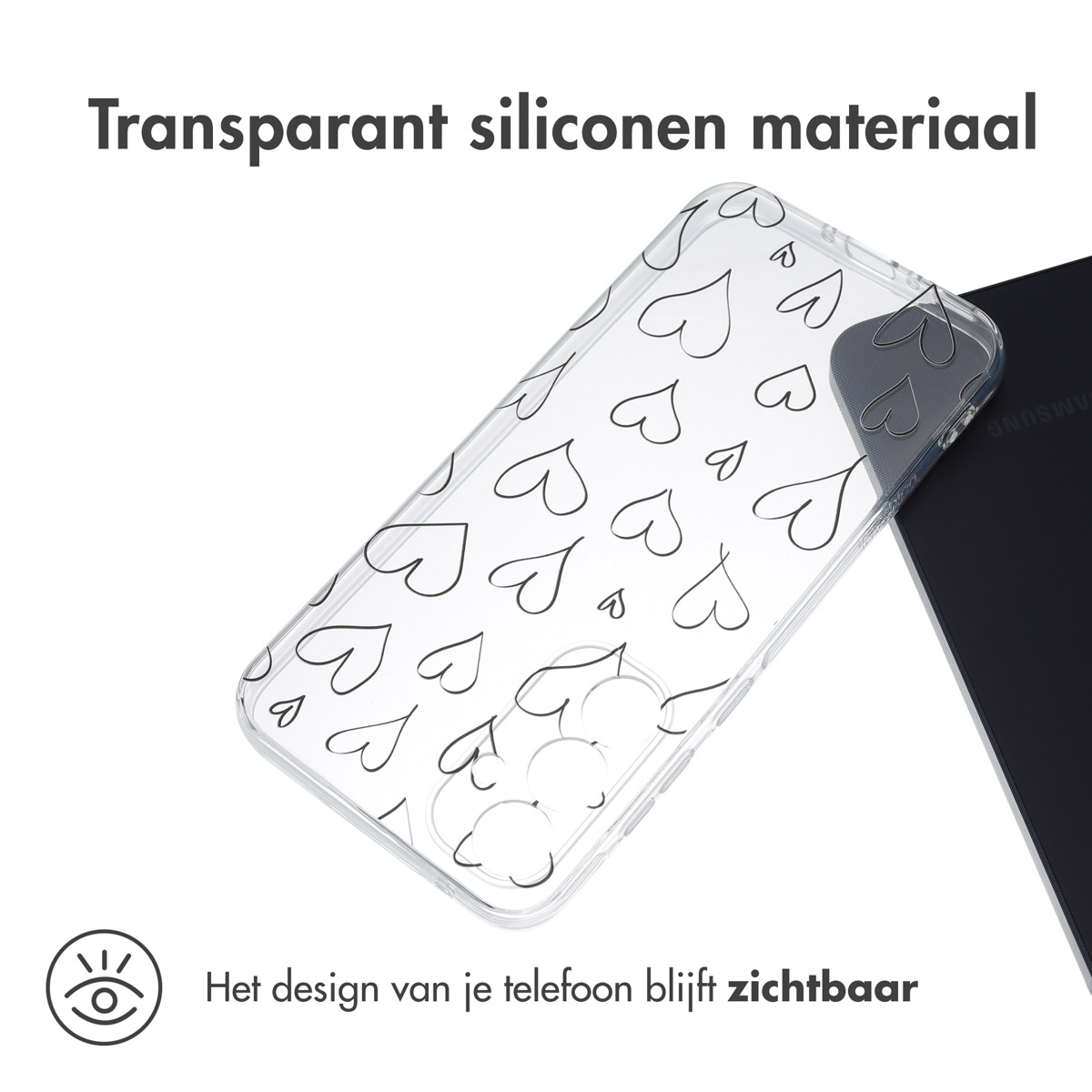 Coque de téléphone transparente avec des motifs de cœurs blancs. Le téléphone est dans la coque.