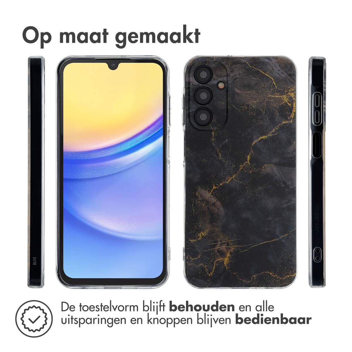 Telefoonhoesje met een marmerpatroon. De telefoon is zichtbaar. Hoesje en telefoon op witte achtergrond.