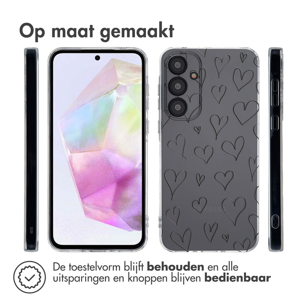 Coque de téléphone à motifs de cœurs. Le téléphone est visible. Coque et téléphone sur fond blanc.