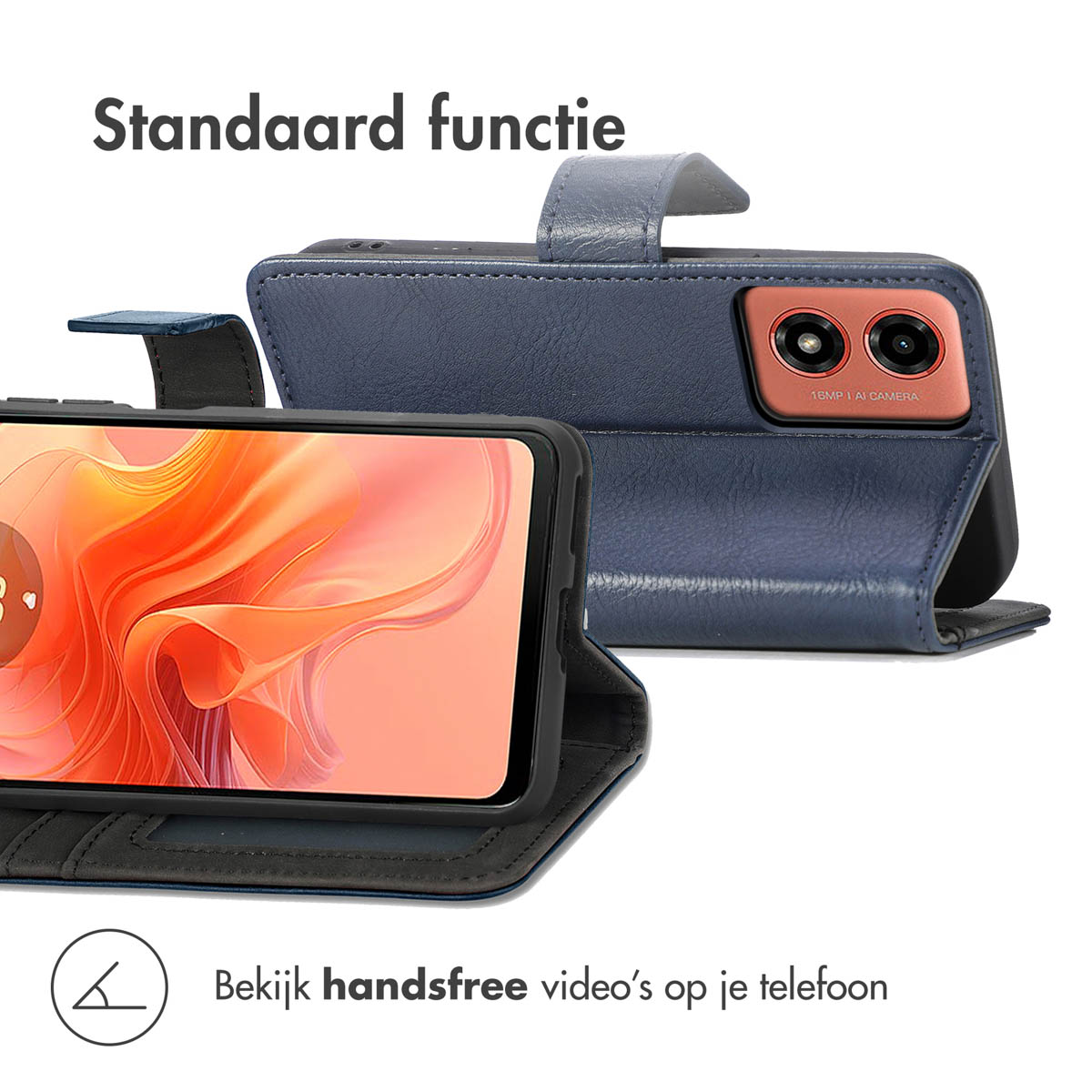 Una custodia blu scuro che mostra la fotocamera e un telefono con sfondo arancione.