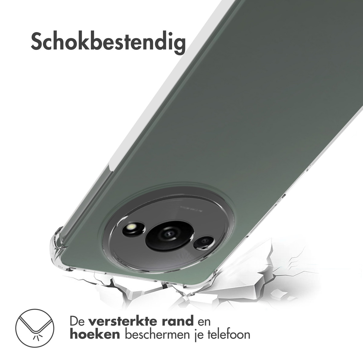 Custodia trasparente per telefono con interno verde e obiettivo della fotocamera.