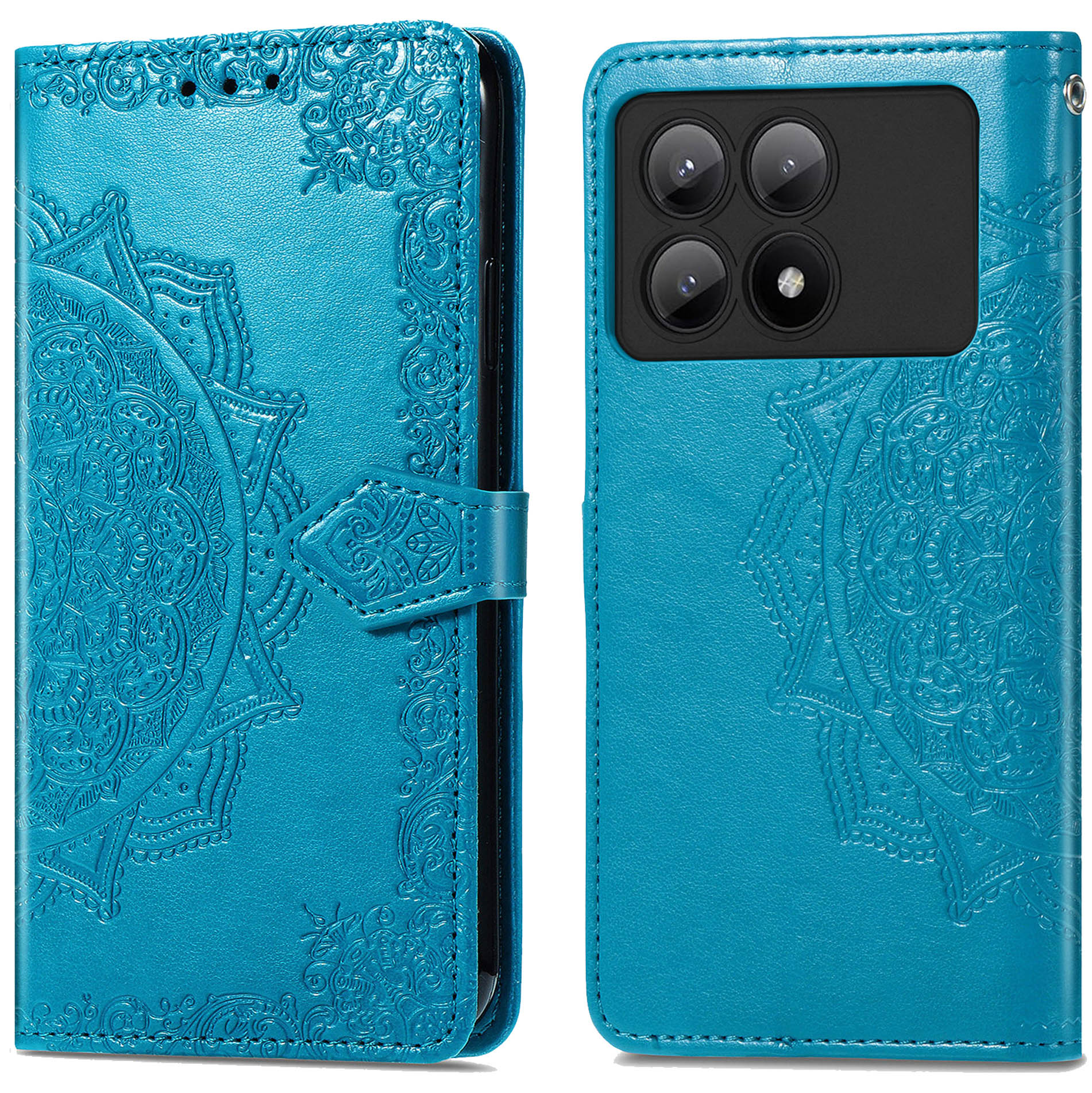 Coque de téléphone bleue, design orné, montrant le téléphone, deux parties, fond bleu, art mandala.