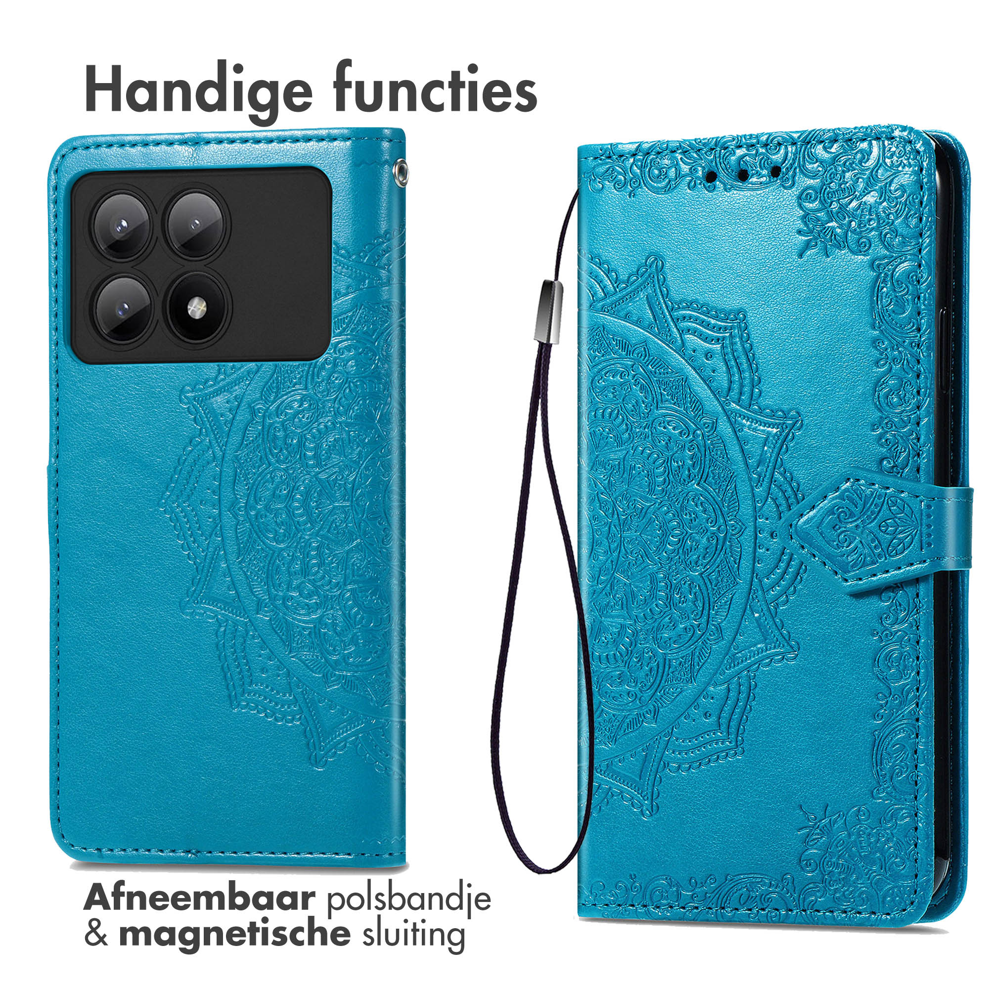 Coque de téléphone bleue, design floral. Dragonne amovible et fermeture magnétique. Design mandala.