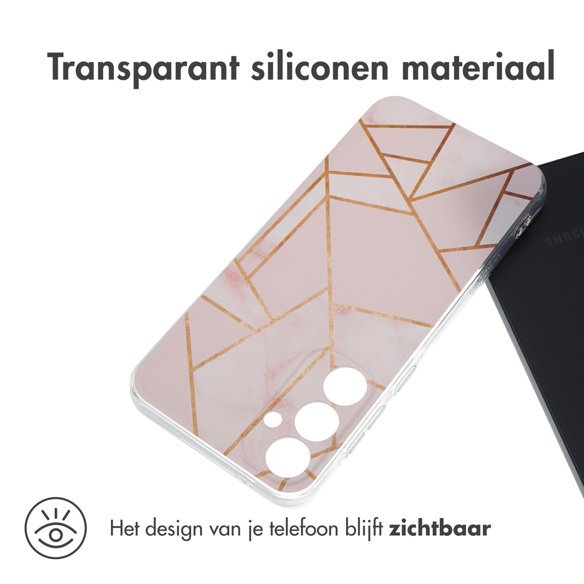 Transparante telefoonhoes met roze en goud geometrisch ontwerp. Tekst: 'Transparant siliconen materiaal'.