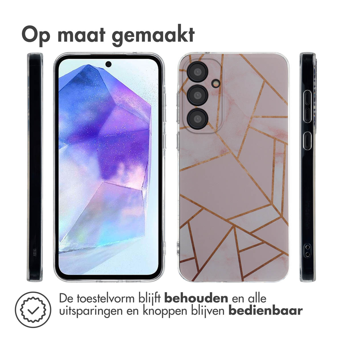 Telefoonhoesje met een geometrisch patroon. Het heeft een doorzichtige hoes en een roze en gouden design.