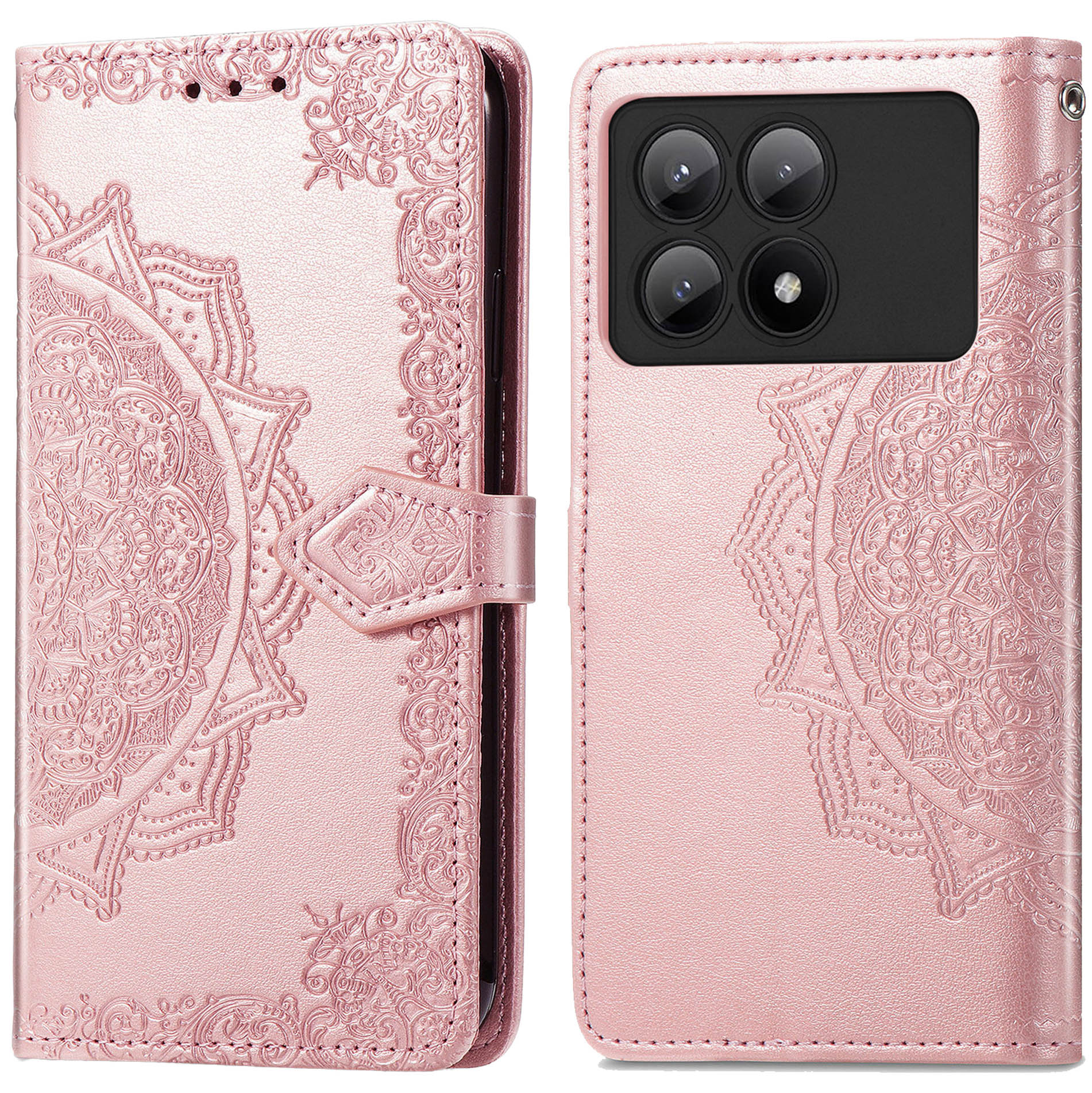 Roze telefoonhoes met reliëf bloemenontwerp en sluiting.