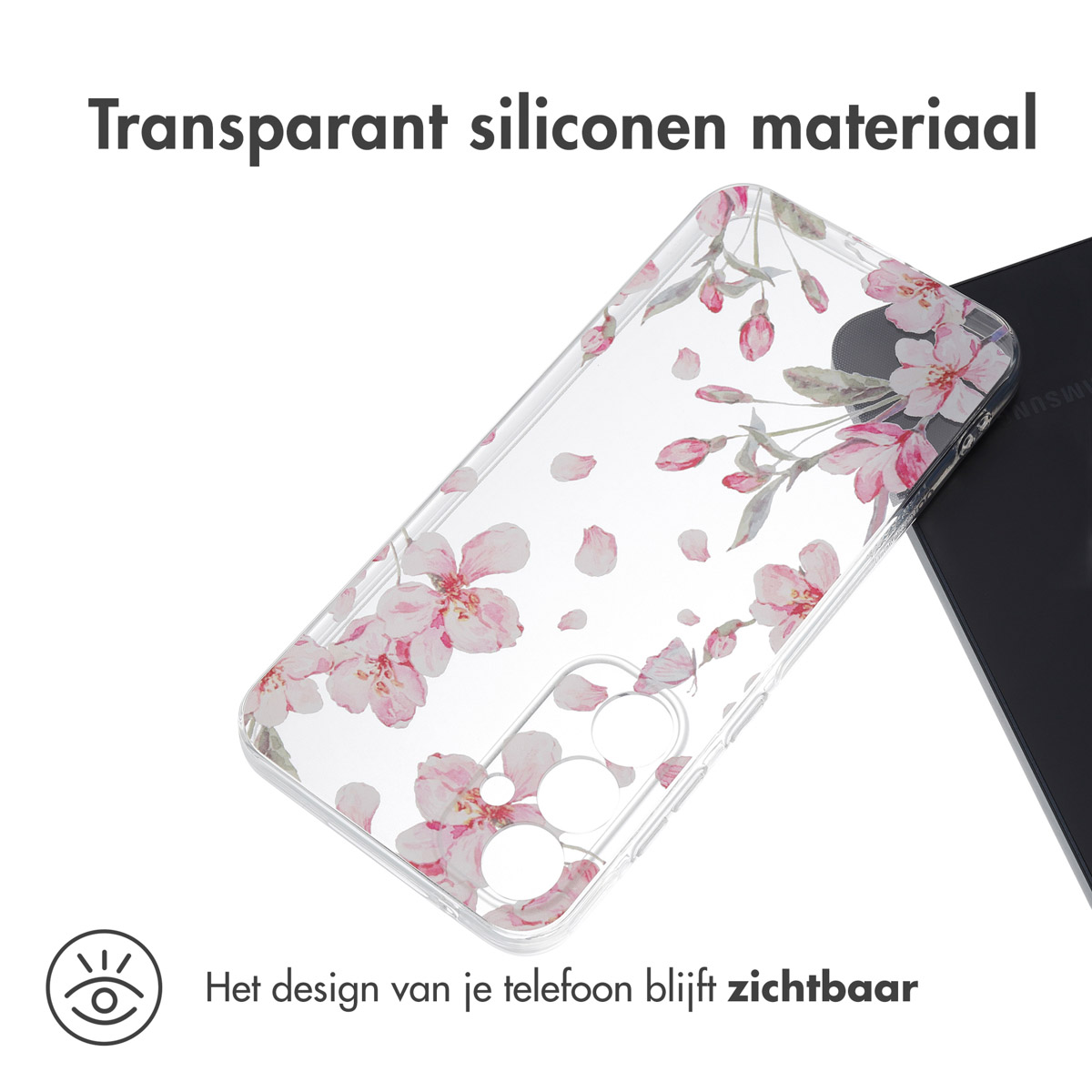 Transparant telefoonhoesje met roze bloemen.