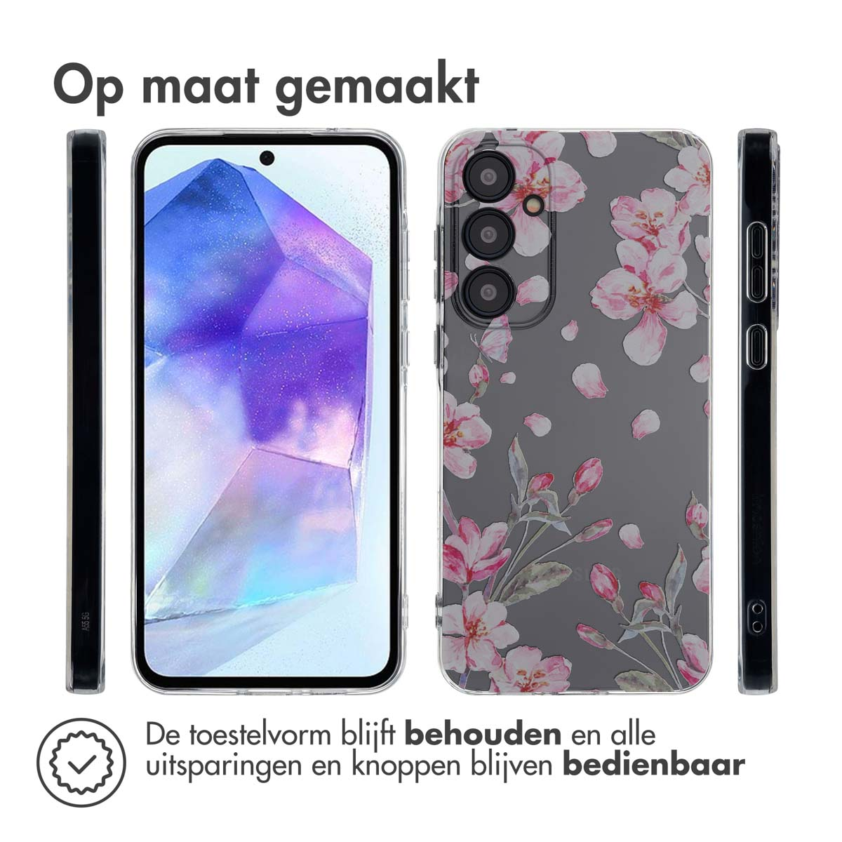 Telefoonhoesje met een bloemenpatroon. De telefoon is zichtbaar. Hoesje en telefoon op witte achtergrond.
