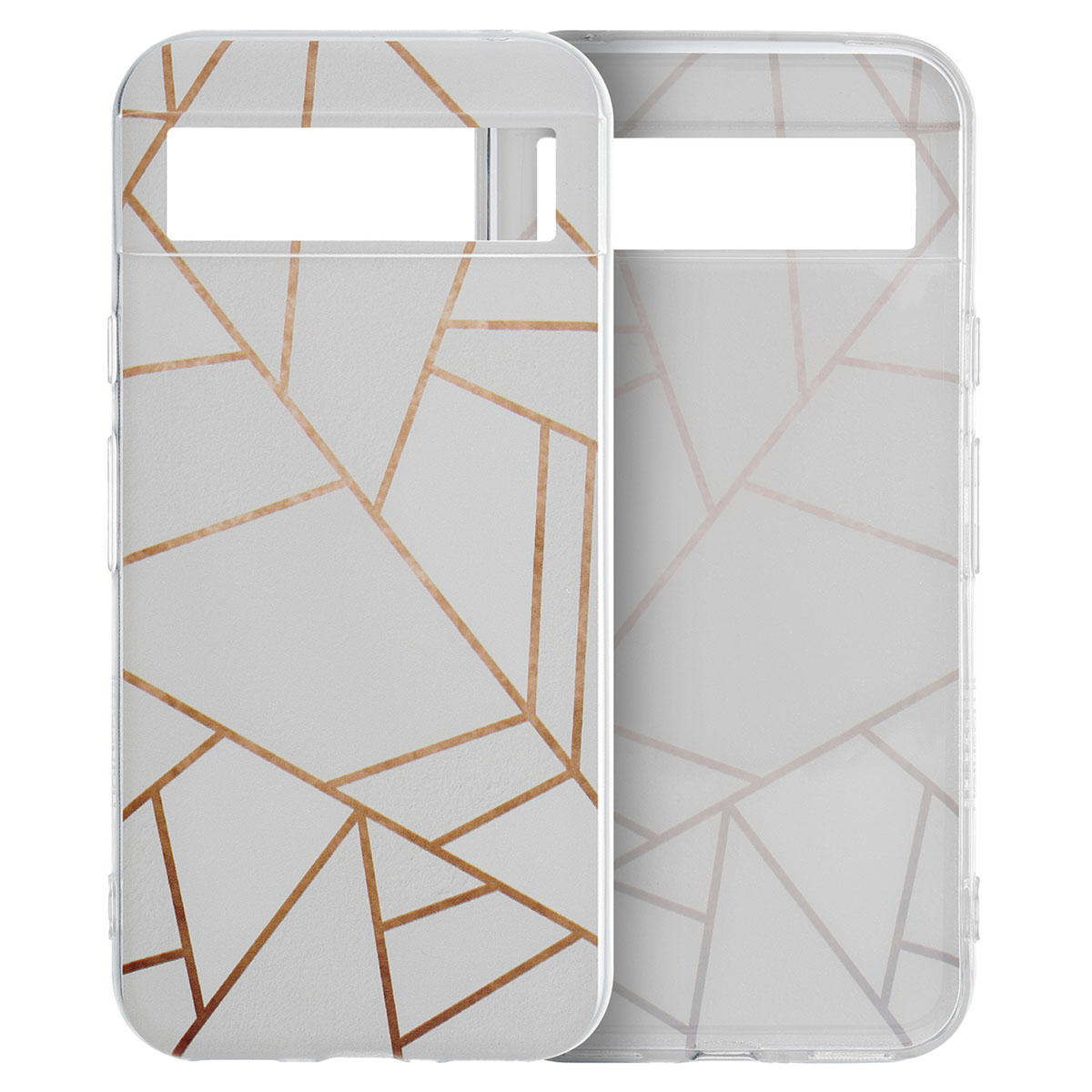 Transparente Handyhülle mit geometrischem Muster auf weißer Oberfläche. Braune Linien bilden ein Muster.