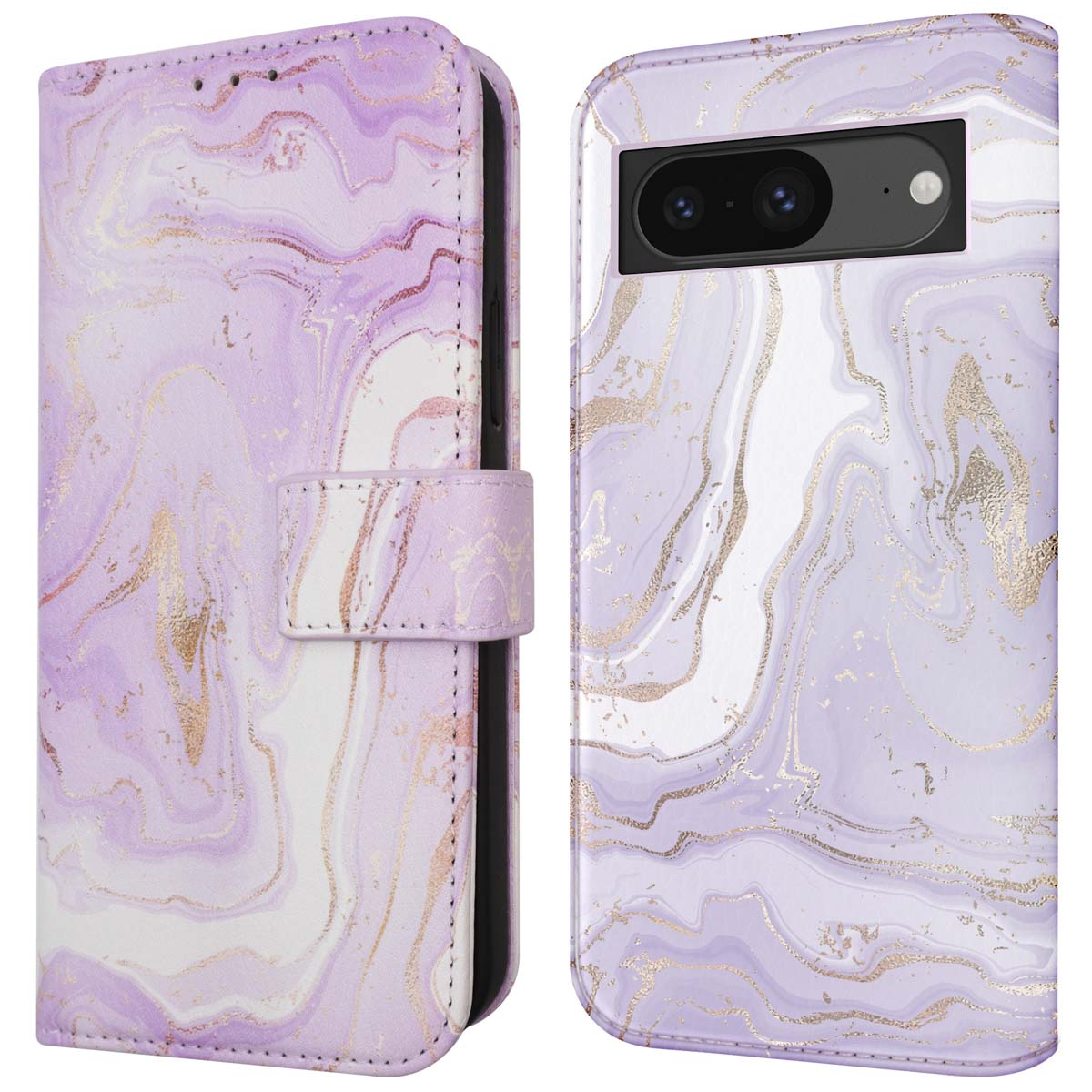 Custodia per telefono con un design marmorizzato. I colori sono viola, bianco e oro.