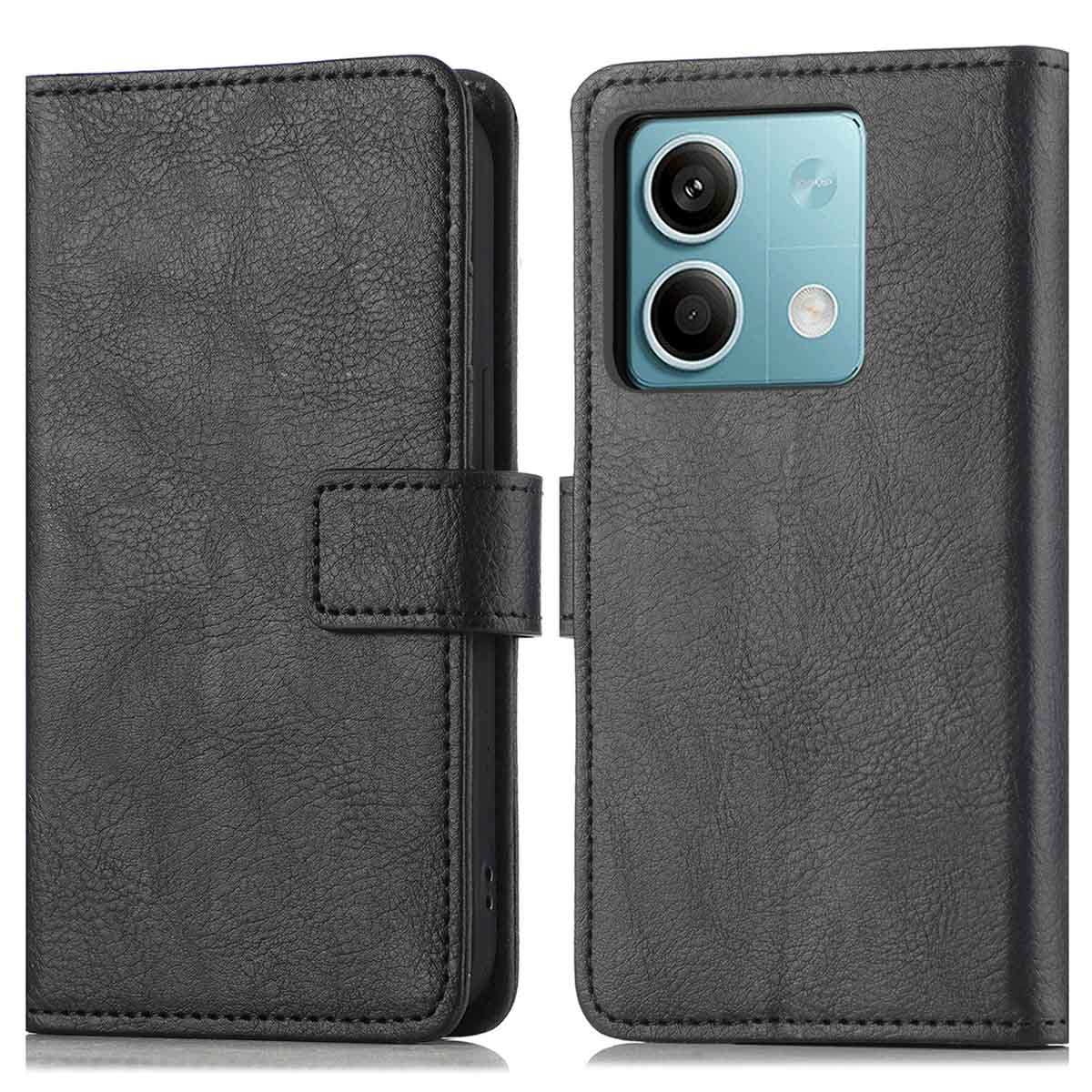 Zwarte telefoonhoes, open, telefoon tonen, twee delen, zwarte achtergrond, leertextuur.