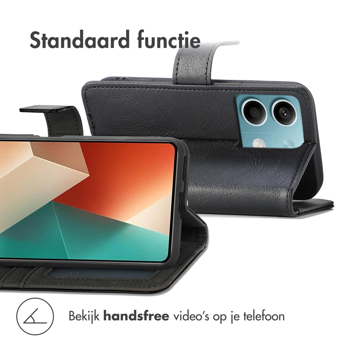 Zwarte telefoonhoes open, toont scherm en camera's. Standaard functie.