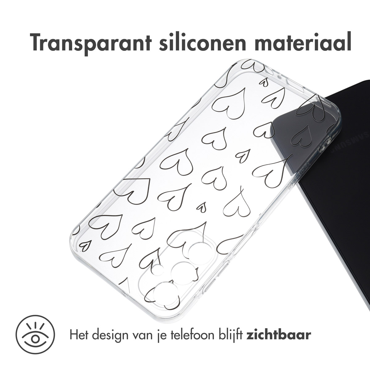 Een telefoonhoesje met een hartvormig patroon. De hoes is transparant.