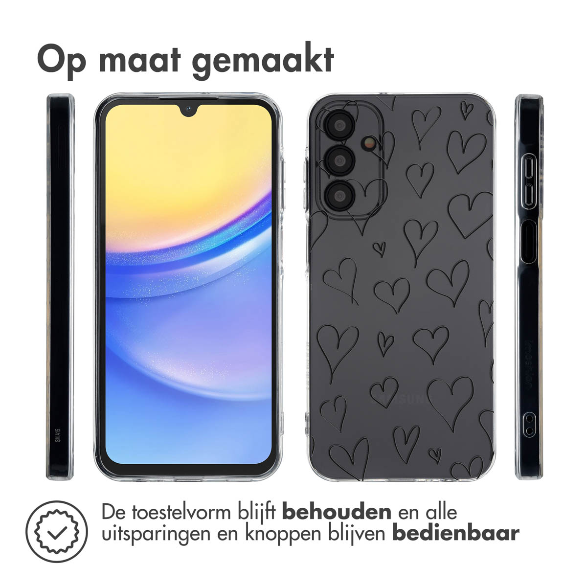 Telefoonhoes met harten. Transparante hoes met telefoon. Zwart hartjesontwerp. Verschillende hoeken.