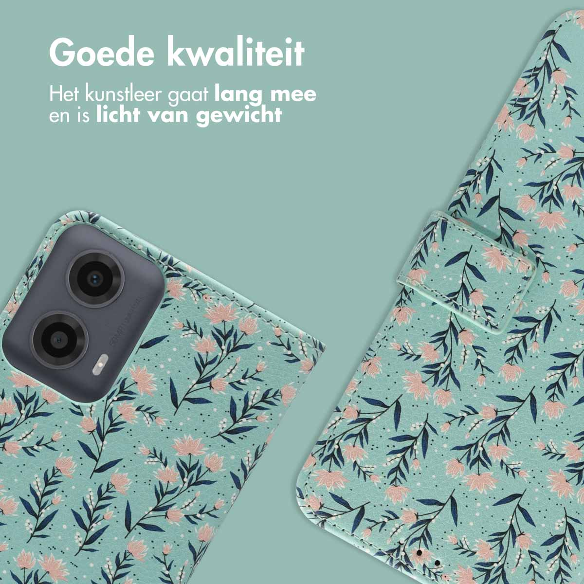 Een mintgroene telefoonhoes met bloemenpatroon en cameramodule.