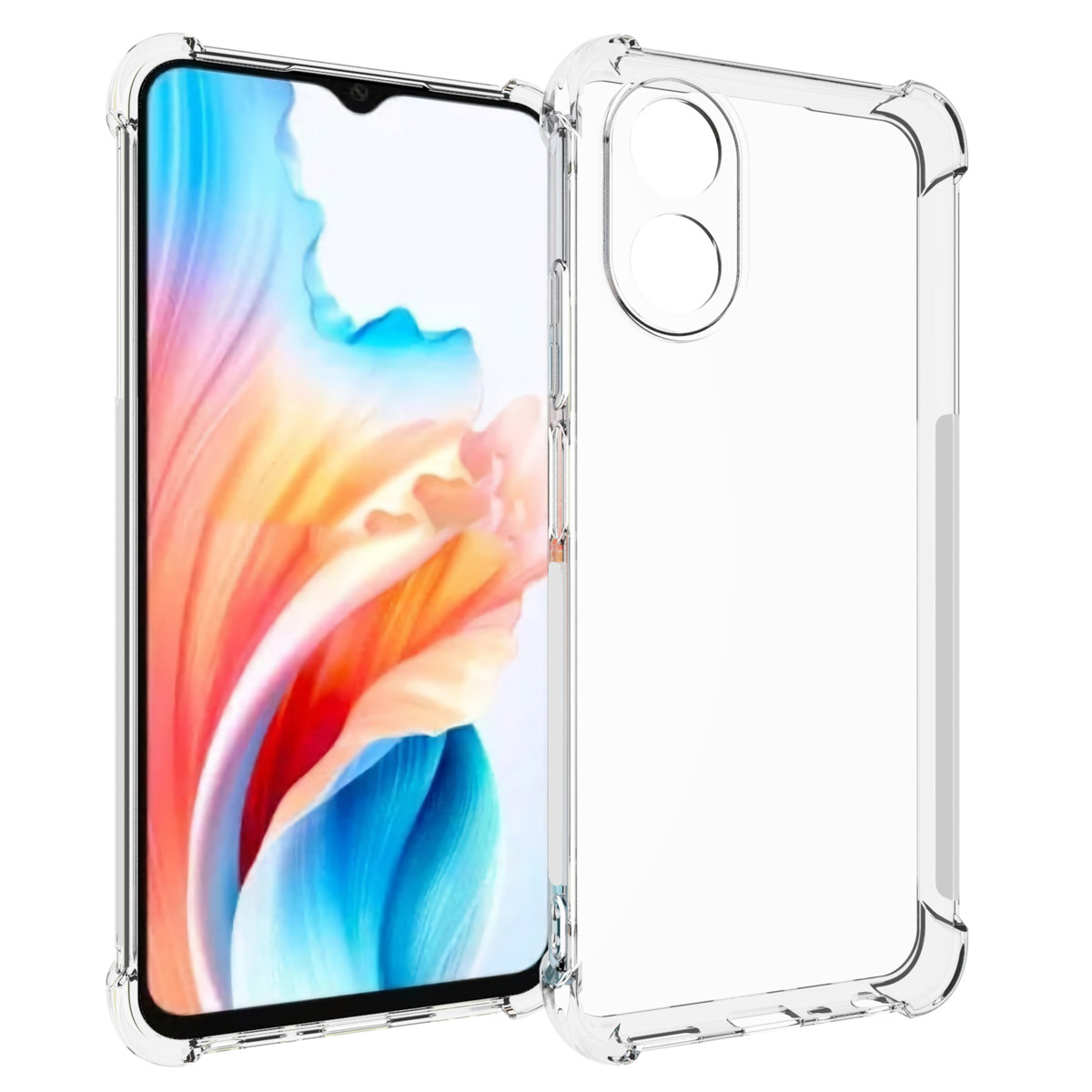 Een doorzichtige telefoonhoes, met het scherm van de telefoon zichtbaar. Twee cameralenzen zijn zichtbaar.