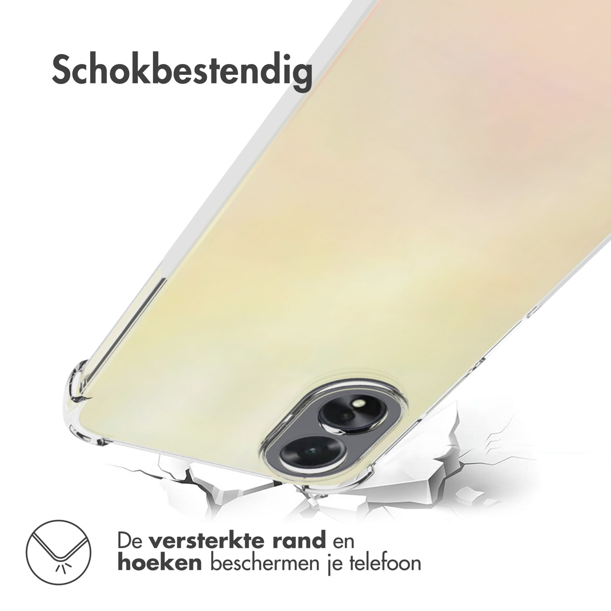 Transparante telefoonhoes. Telefoon is zichtbaar. Witte achtergrond. Gebarsten grondeffect onder.